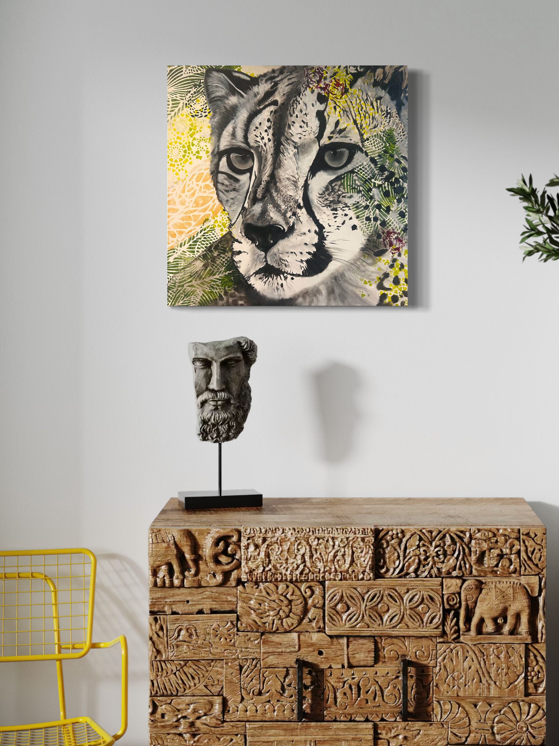 Original cheetah painting 24x24 black and white with gold accents modern animal wall art