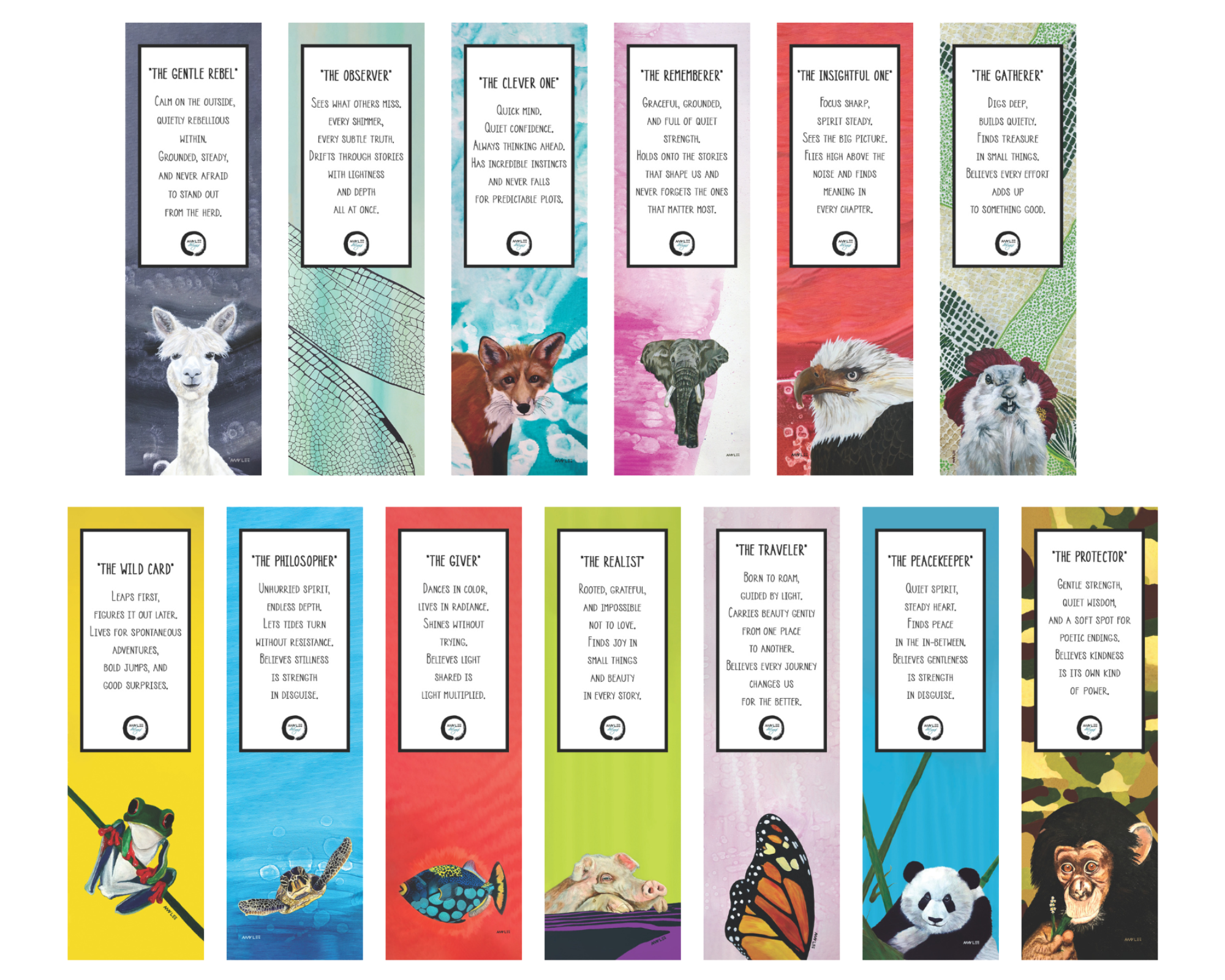 A collection of colorful animal-themed bookmarks, each featuring a different animal and a motivational or descriptive quote about its characteristics.