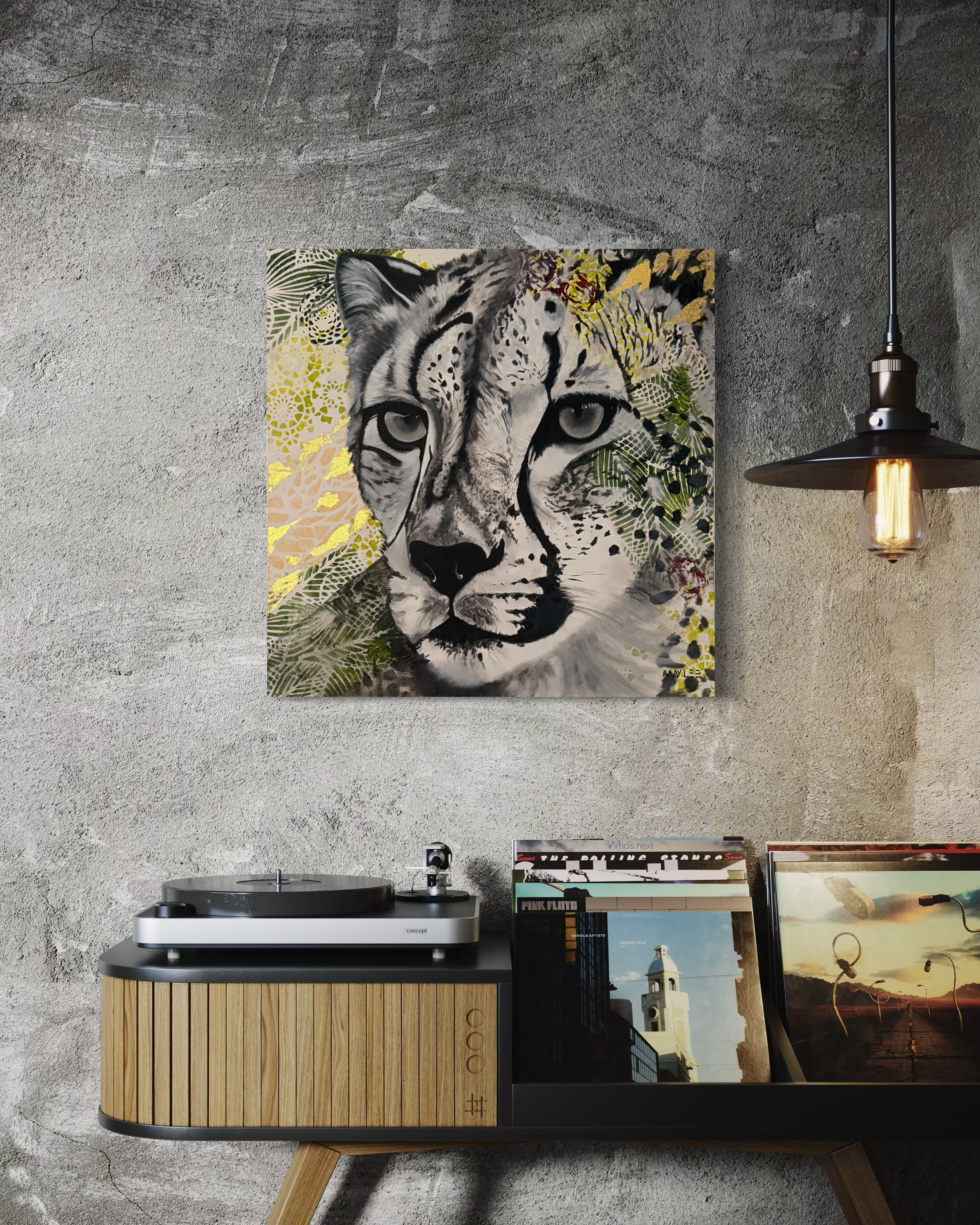 Original cheetah painting 24x24 black and white with gold accents modern animal wall art