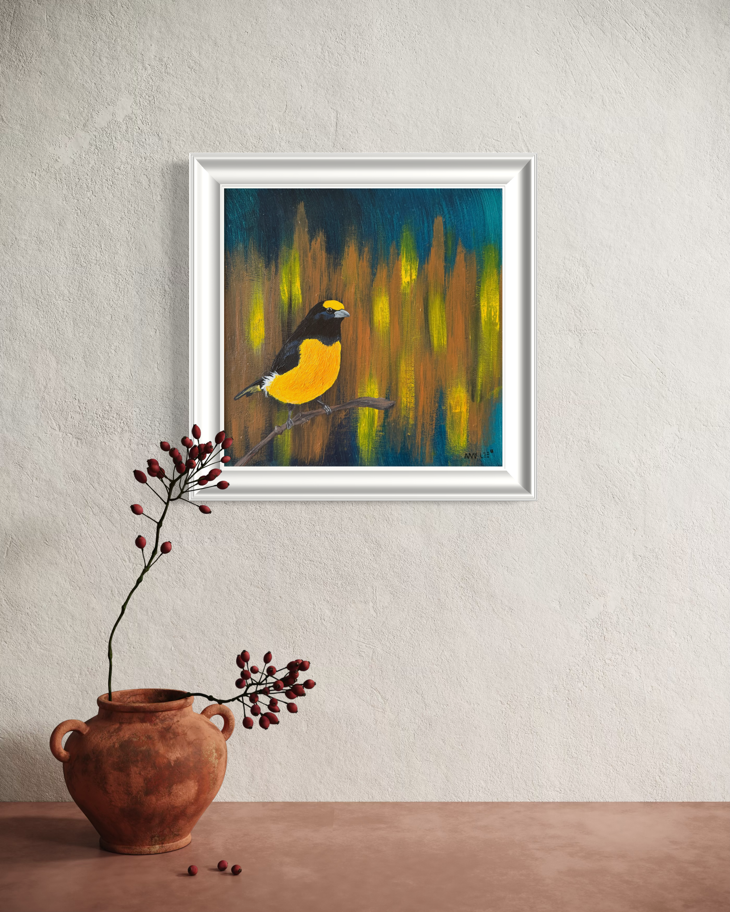 Original yellow bird painting on branch with layered abstract background
