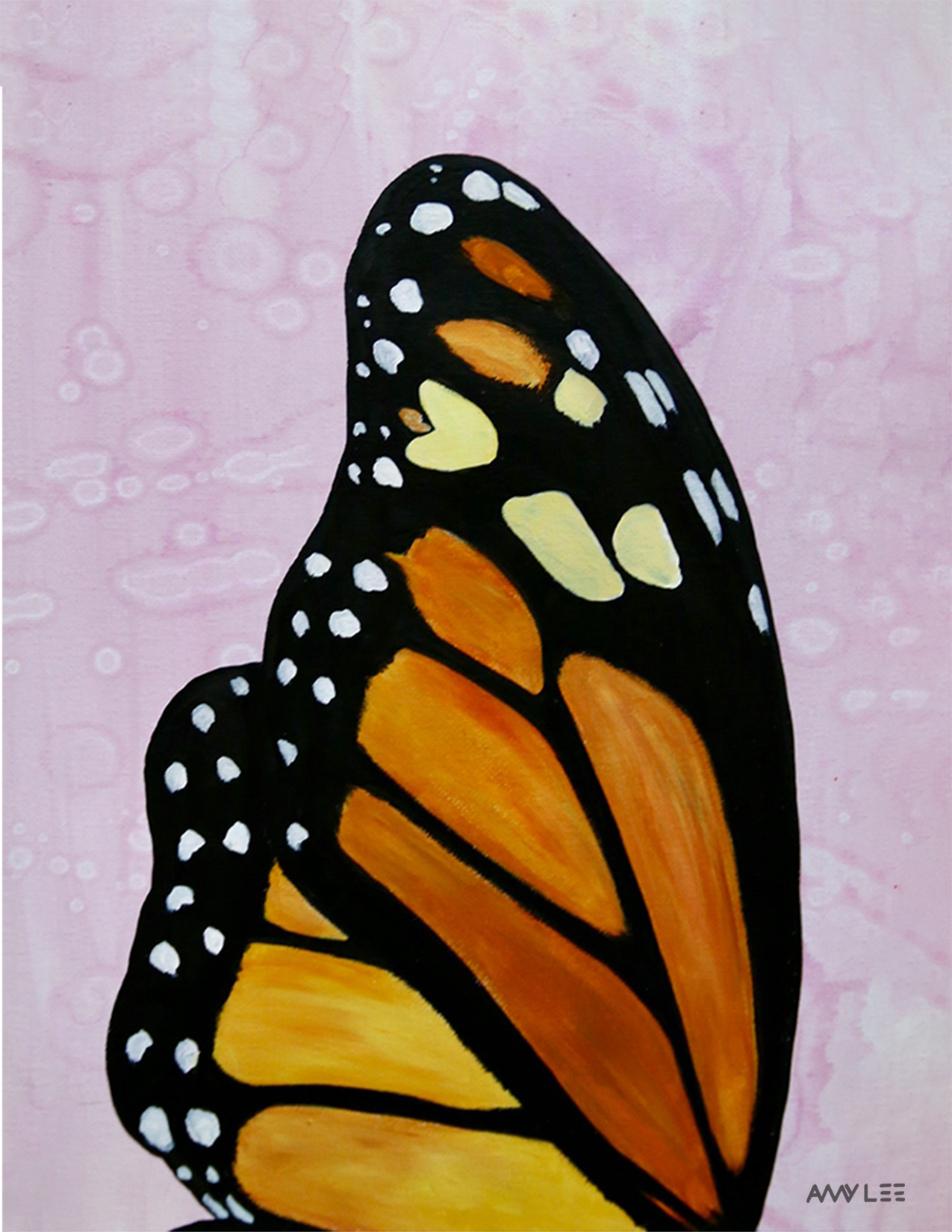 Painting of a monarch butterfly's wing with black, orange, and white patterns, on a pink background.