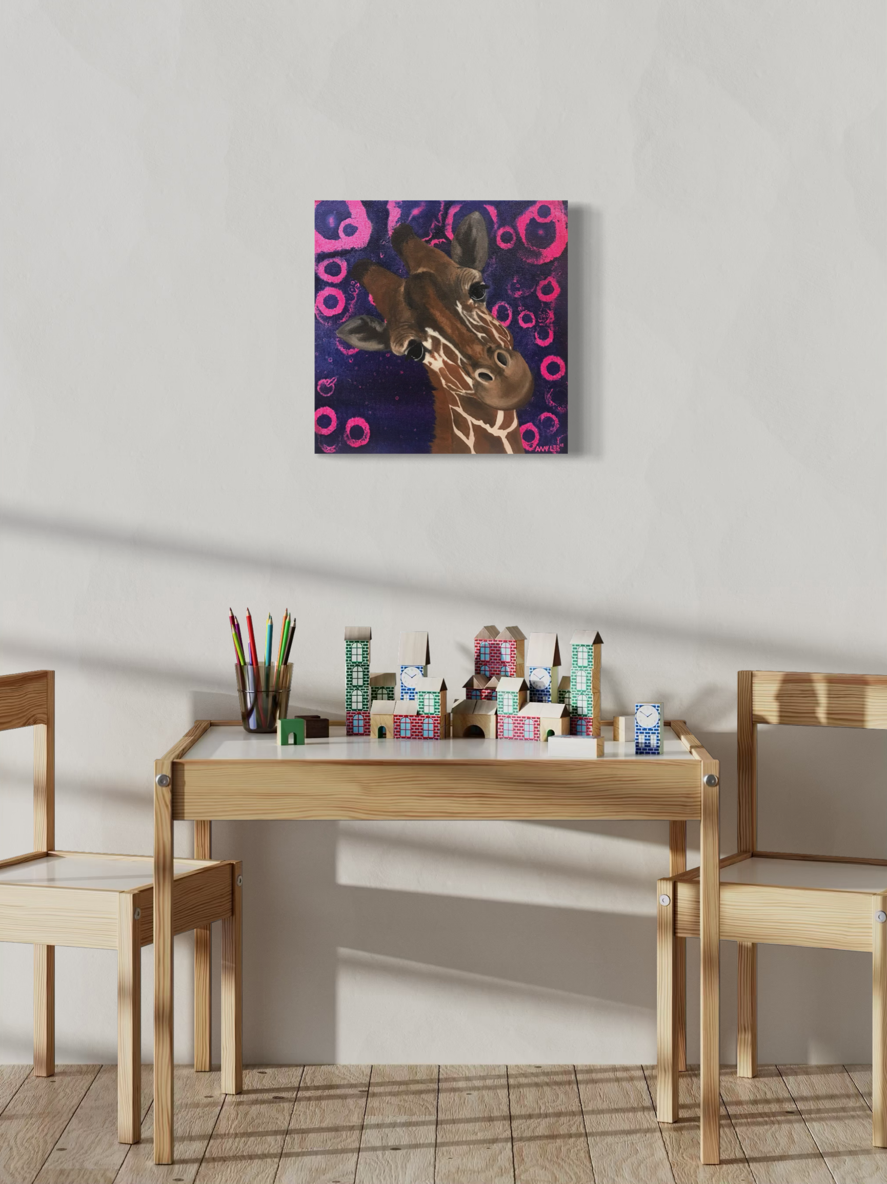 colorful giraffe painting for kids room, nursery or office decor