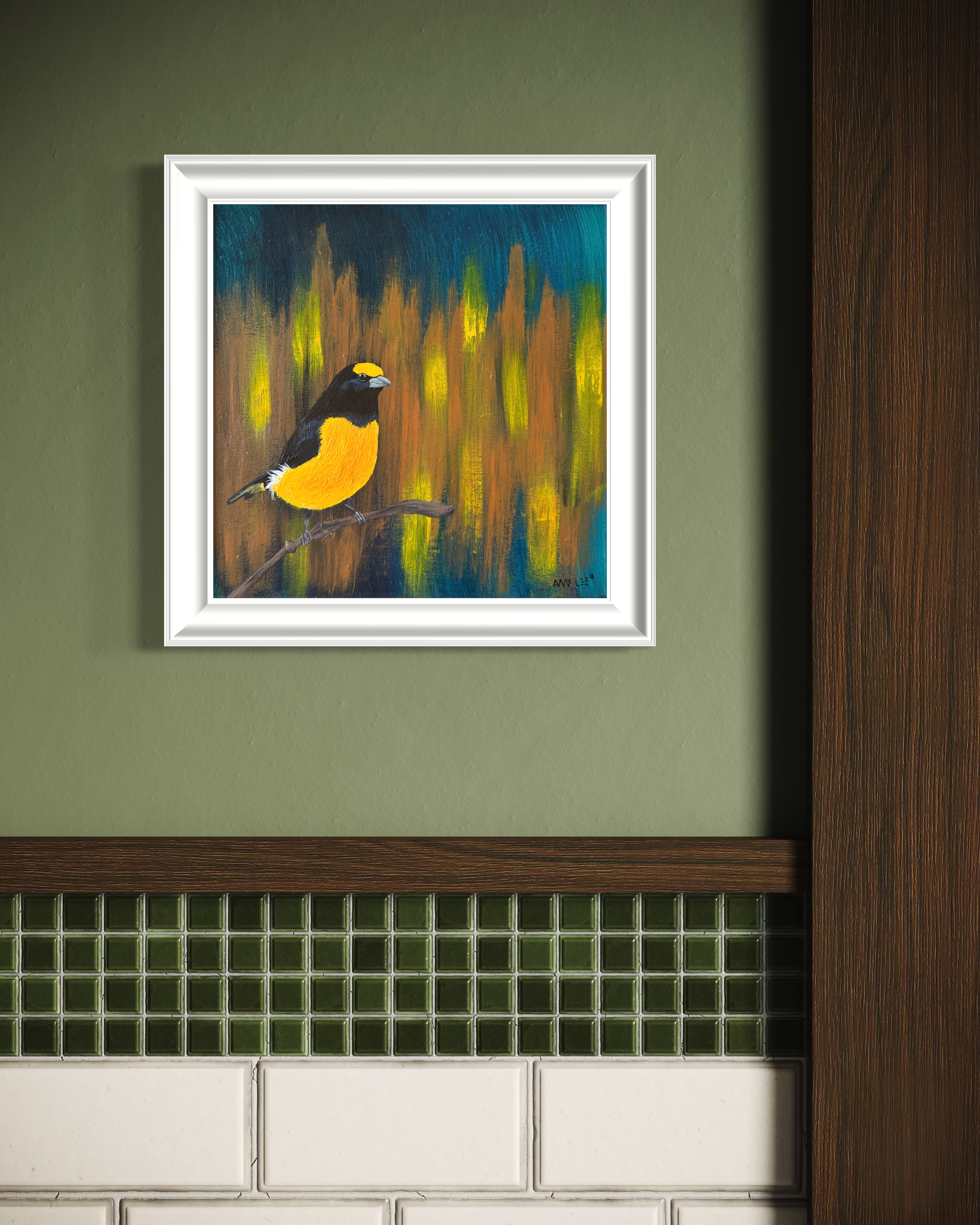 12x12 framed bird artwork with warm tones and modern style