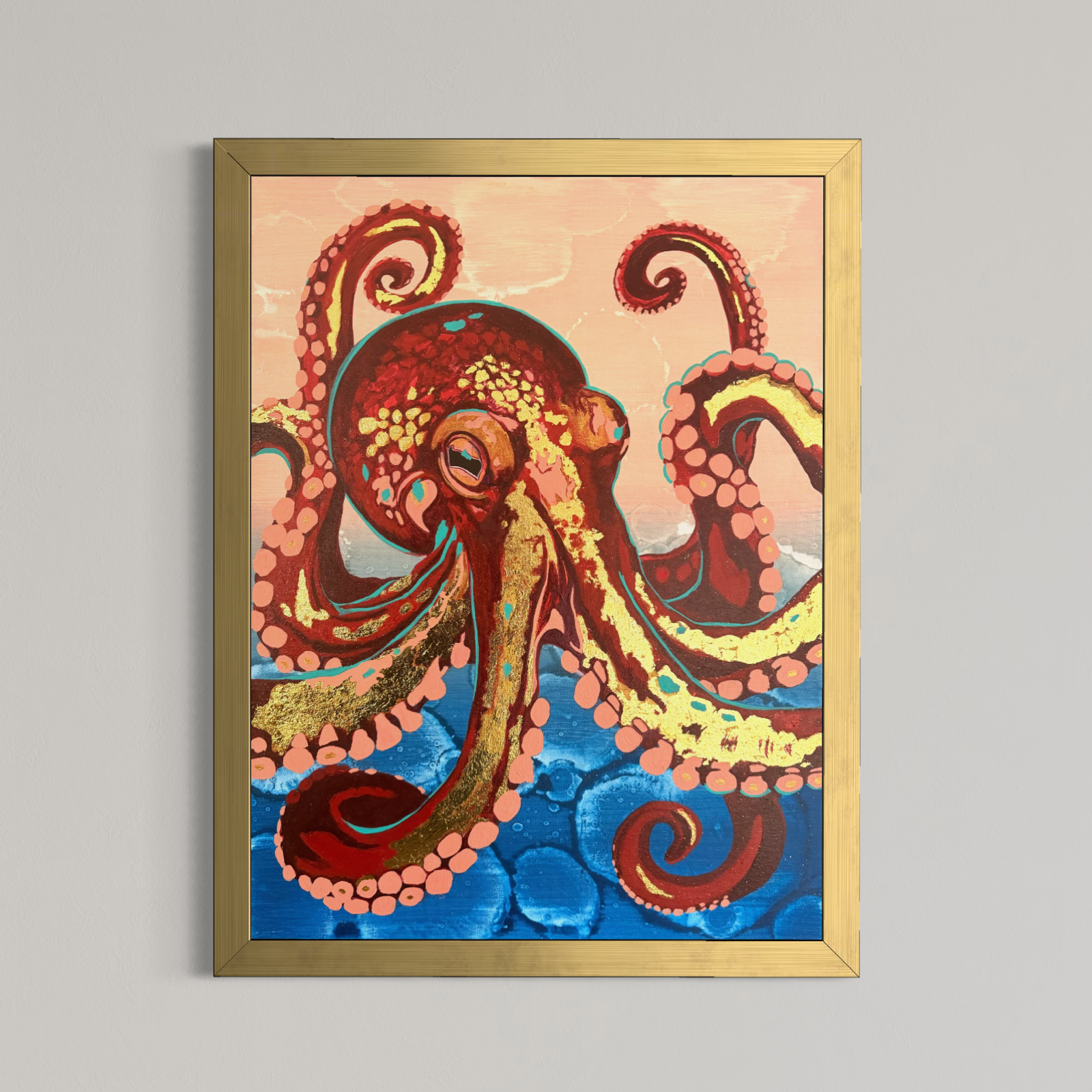 Coral Reverie octopus painting original 18x24 framed canvas