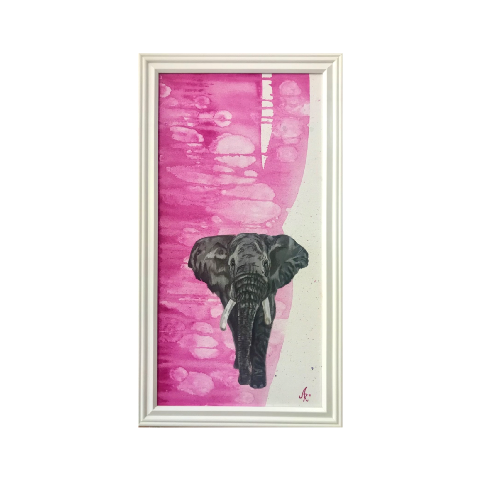 Original elephant painting framed 10x20 with pink abstract background modern animal wall art