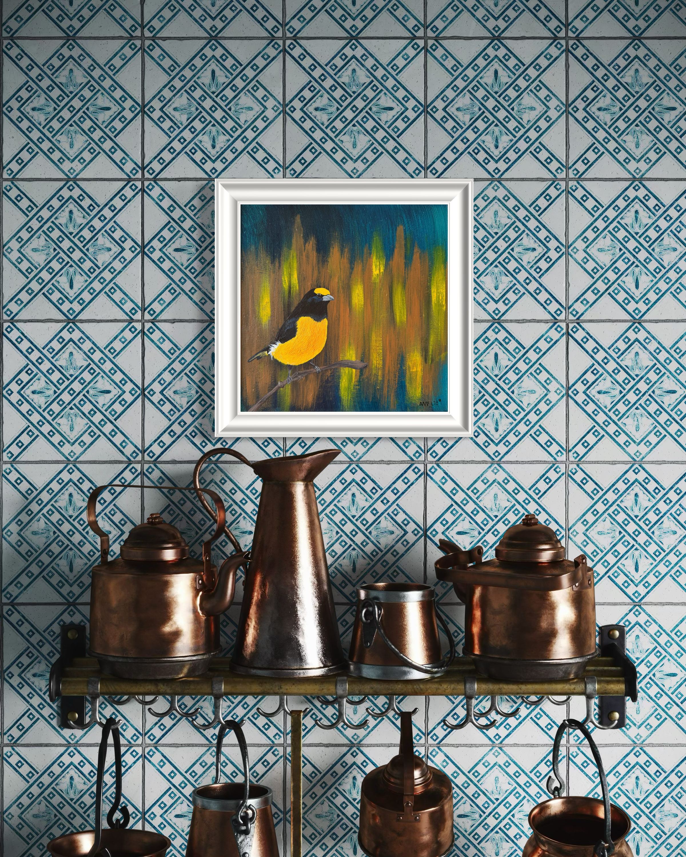 Small framed original bird art styled in kitchen and home interiors