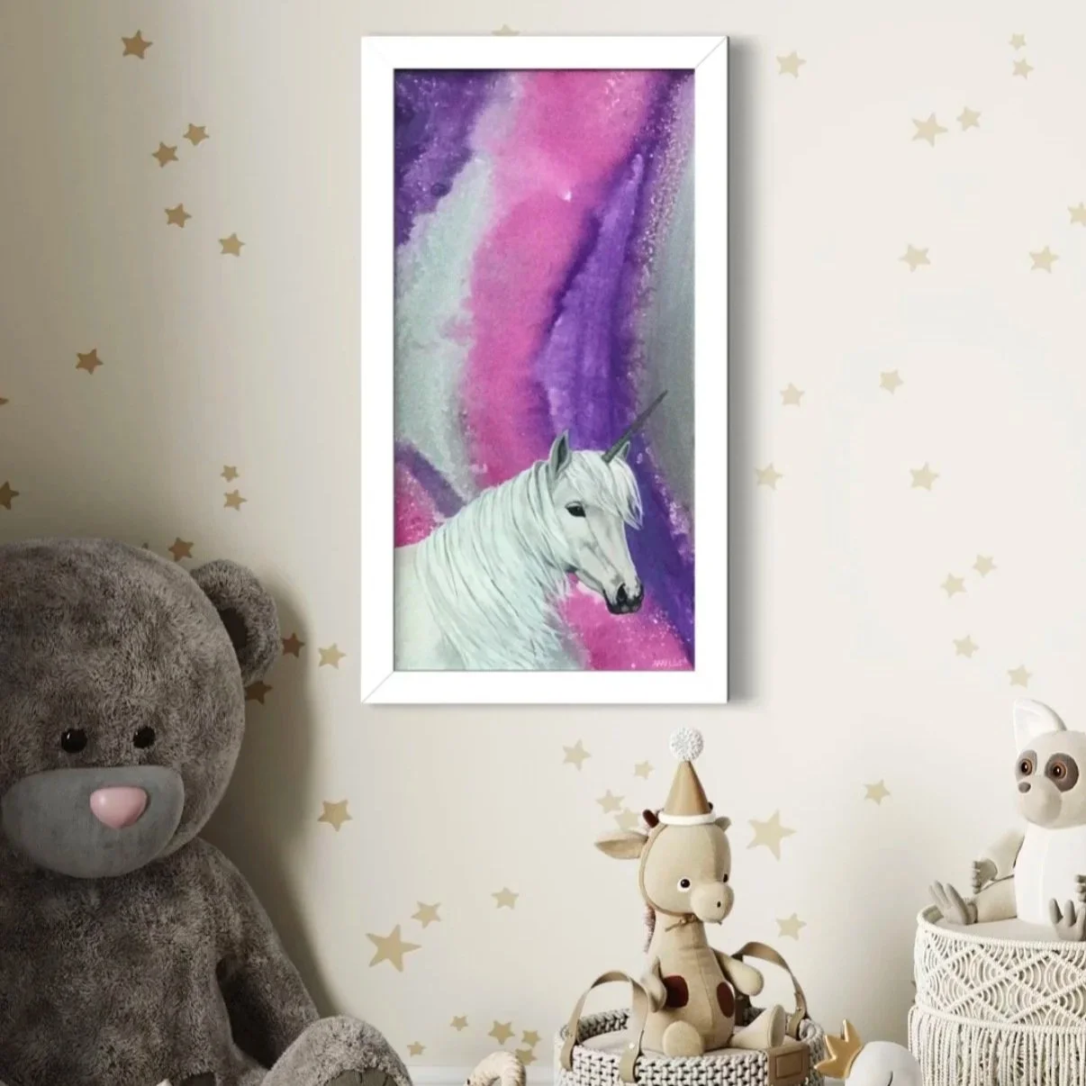 Original unicorn painting framed 10x20 with pink purple and teal dreamy background nursery wall art