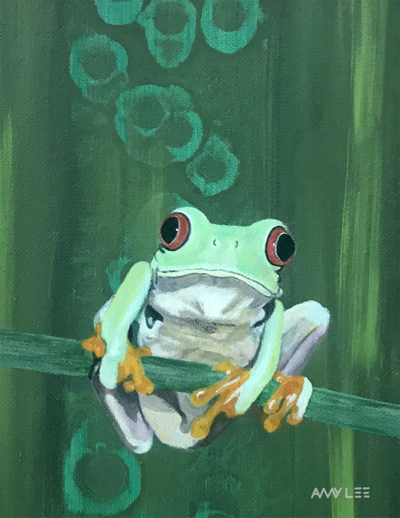 Painting of a green tree frog with orange toes perched on a green branch against a green background.