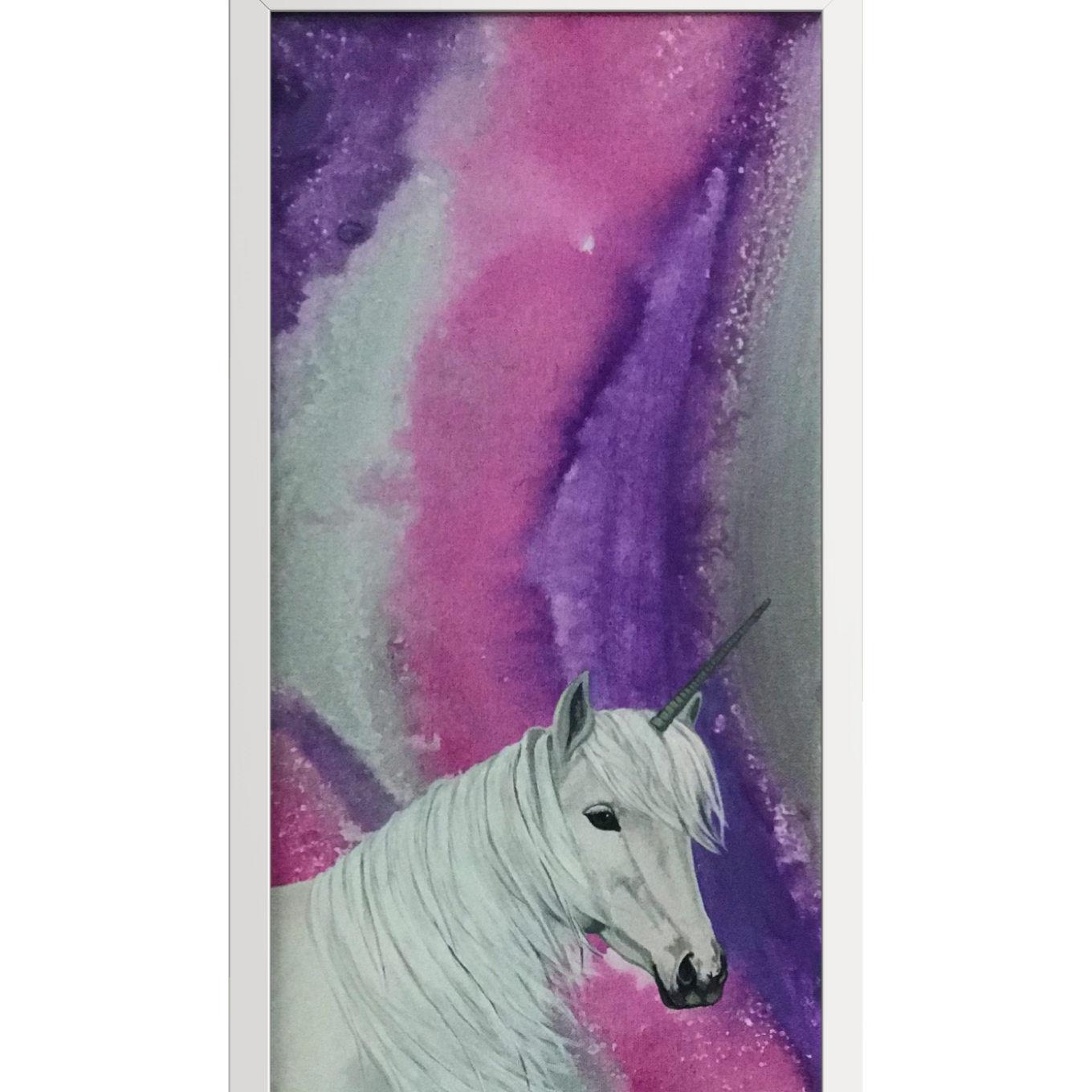 Original unicorn painting framed 10x20 with pink purple and teal dreamy background nursery wall art