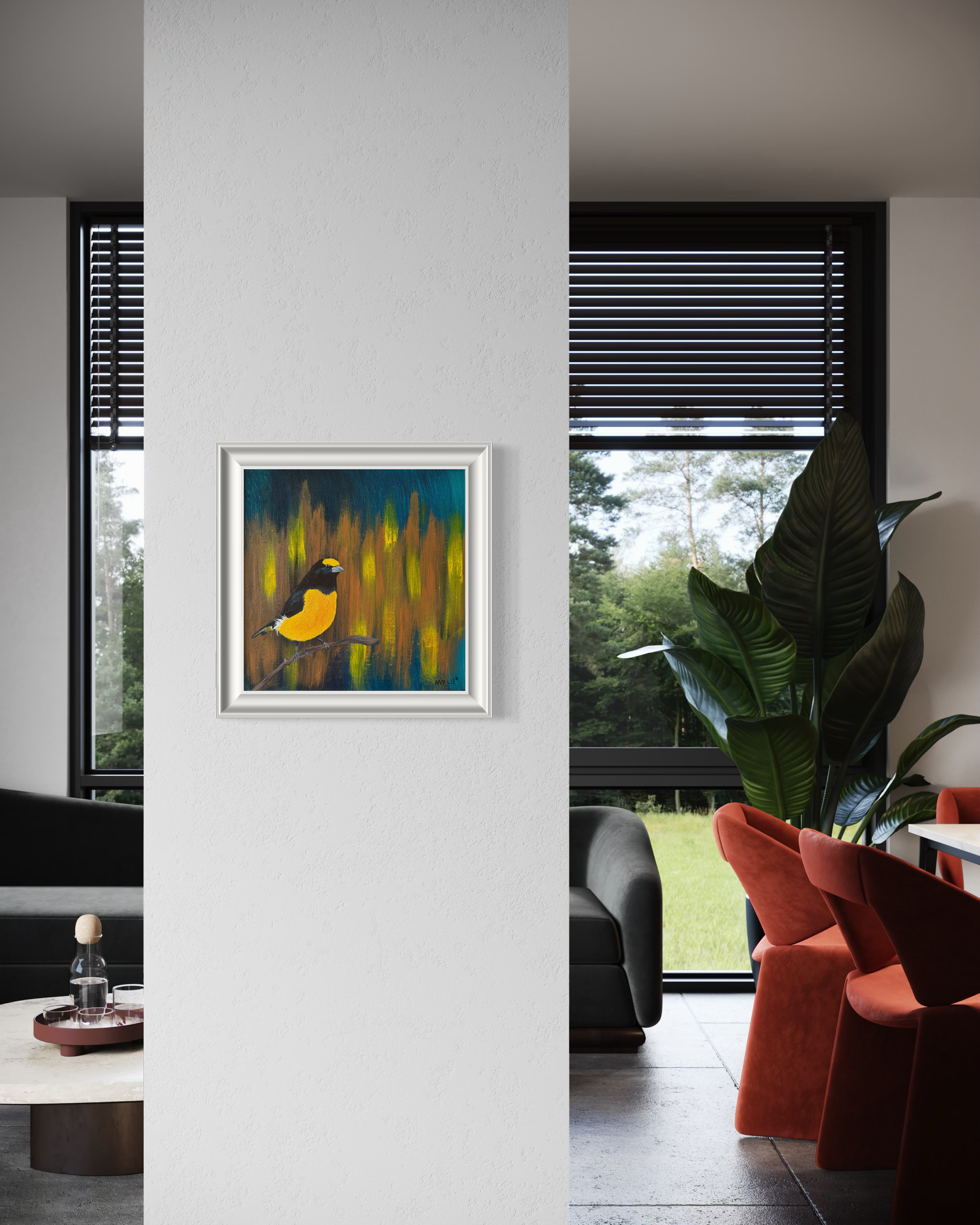 Bright bird painting adding warmth and color to neutral space