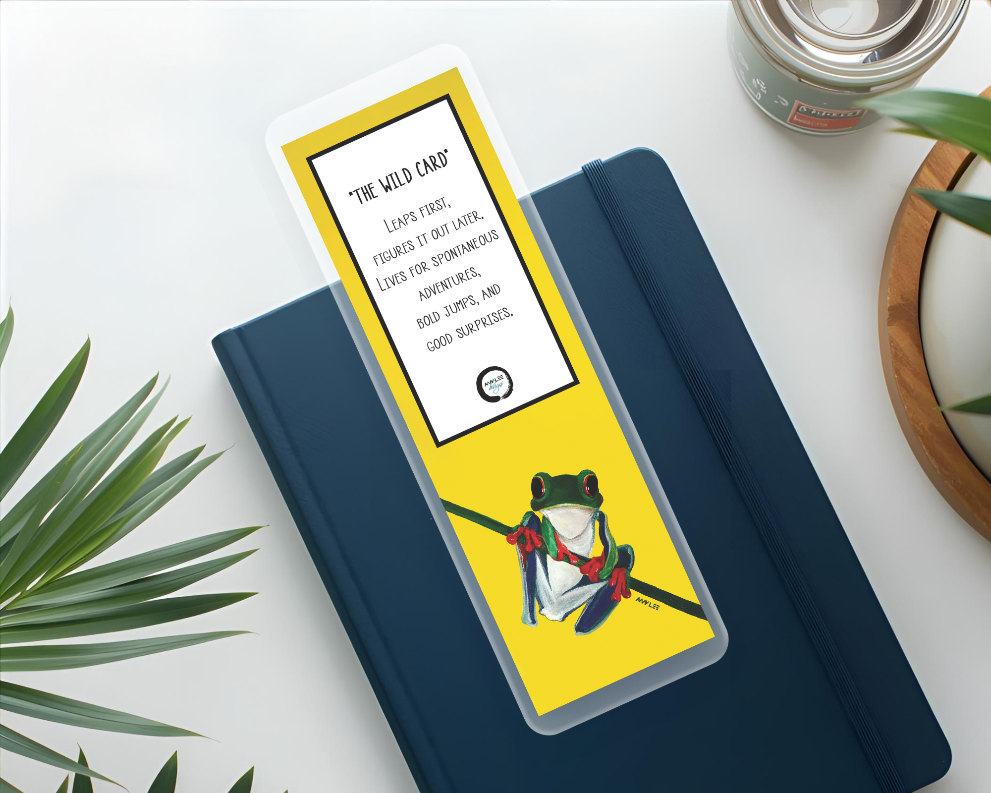 Tree Frog Yellow_Bookmark  on navy journal Mockup.png