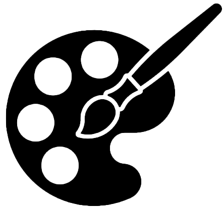 A painter's palette with five circular wells and a paintbrush resting on it.