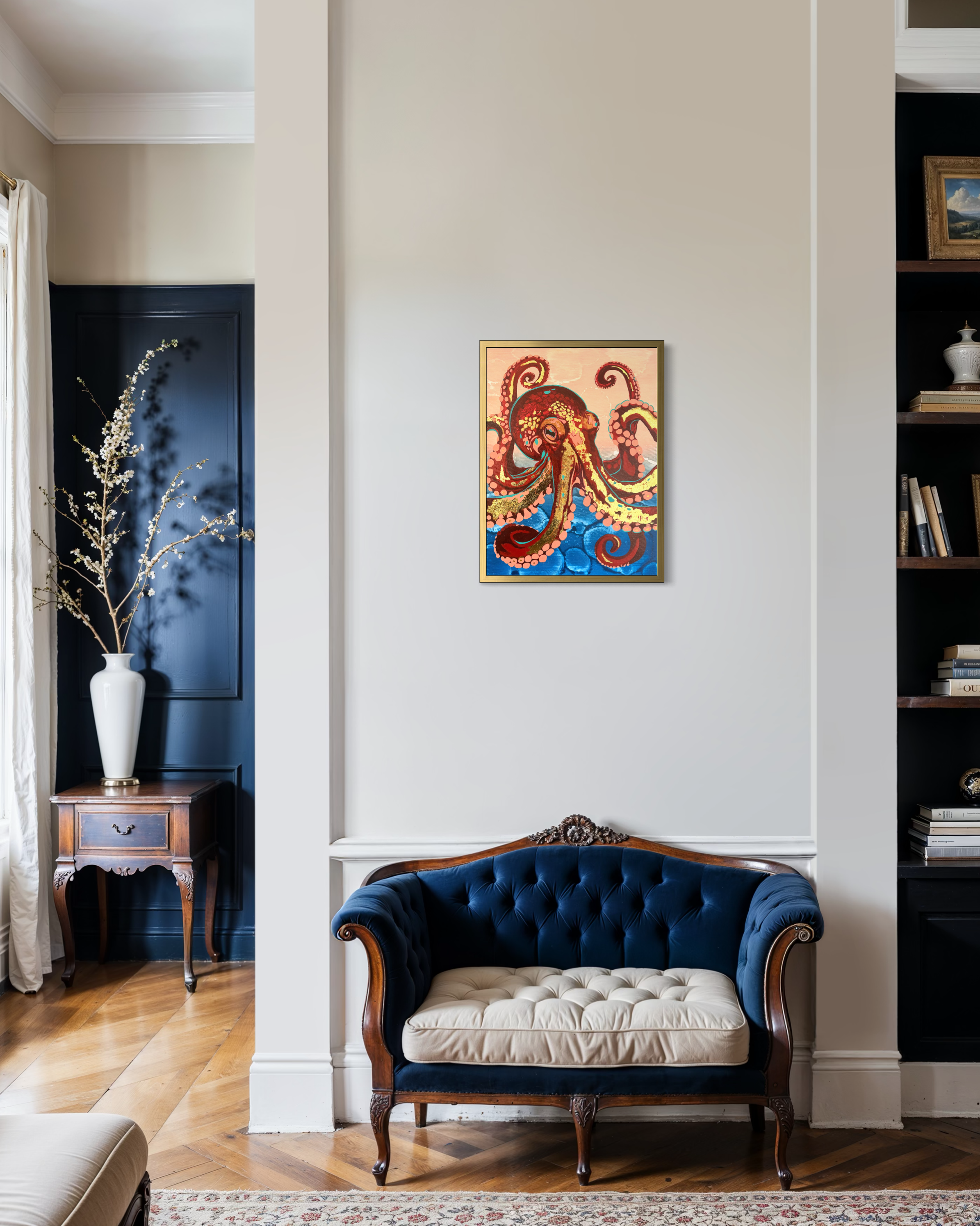 framed octopus painting with gold accents ocean inspired art