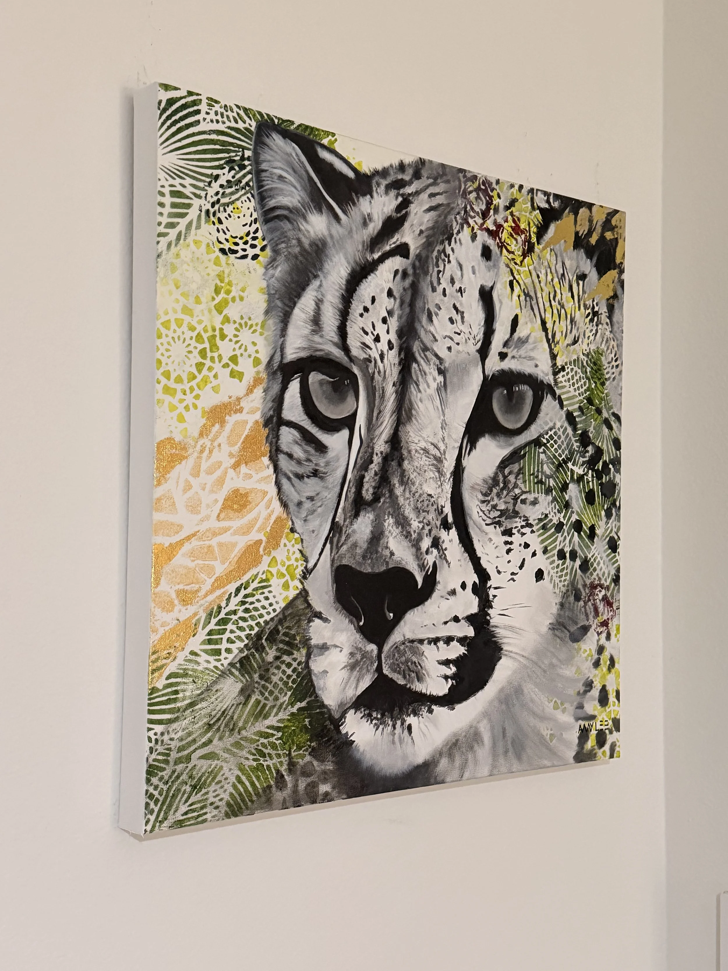 Original cheetah painting 24x24 black and white with gold accents modern animal wall art