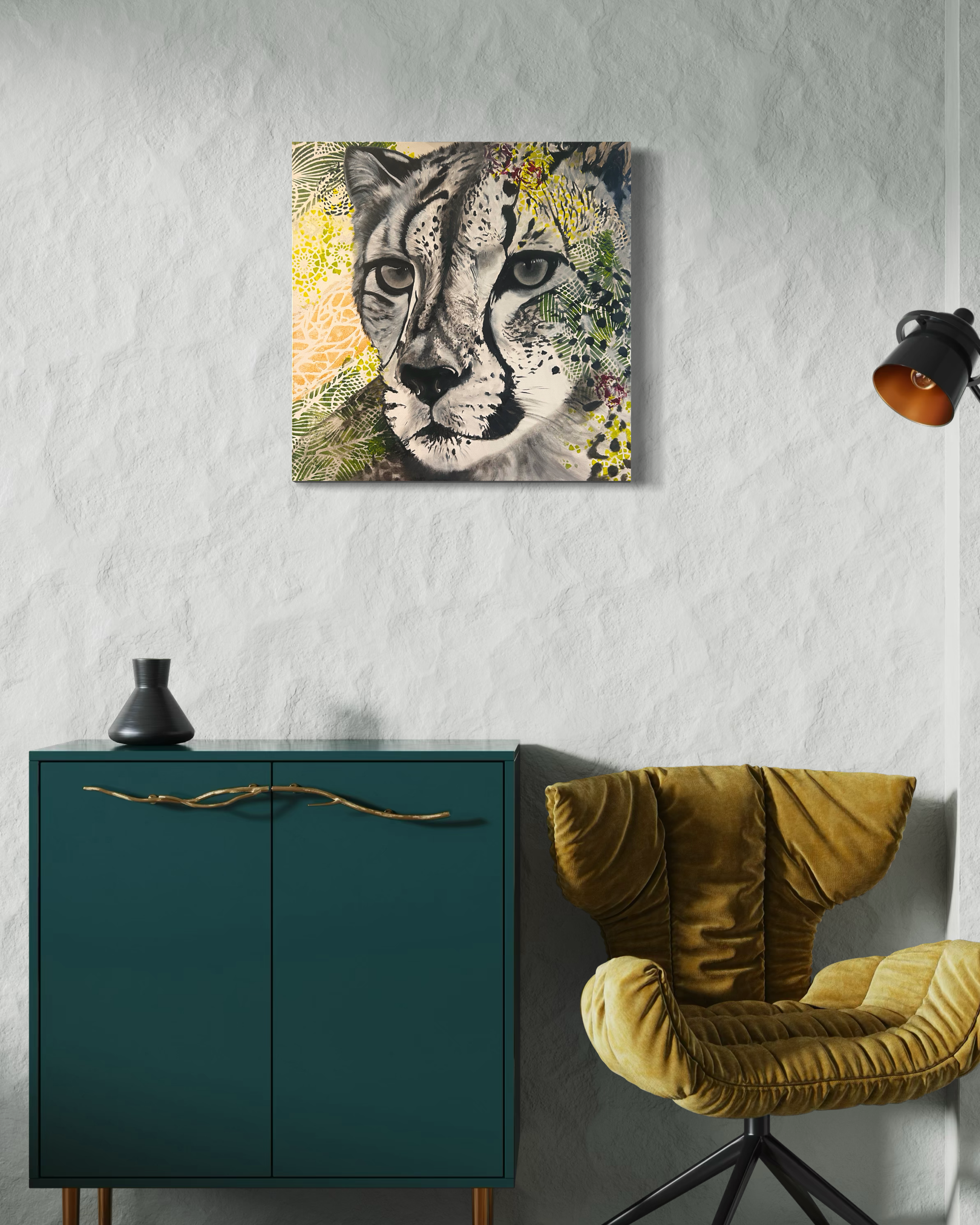 Original cheetah painting 24x24 black and white with gold accents modern animal wall art