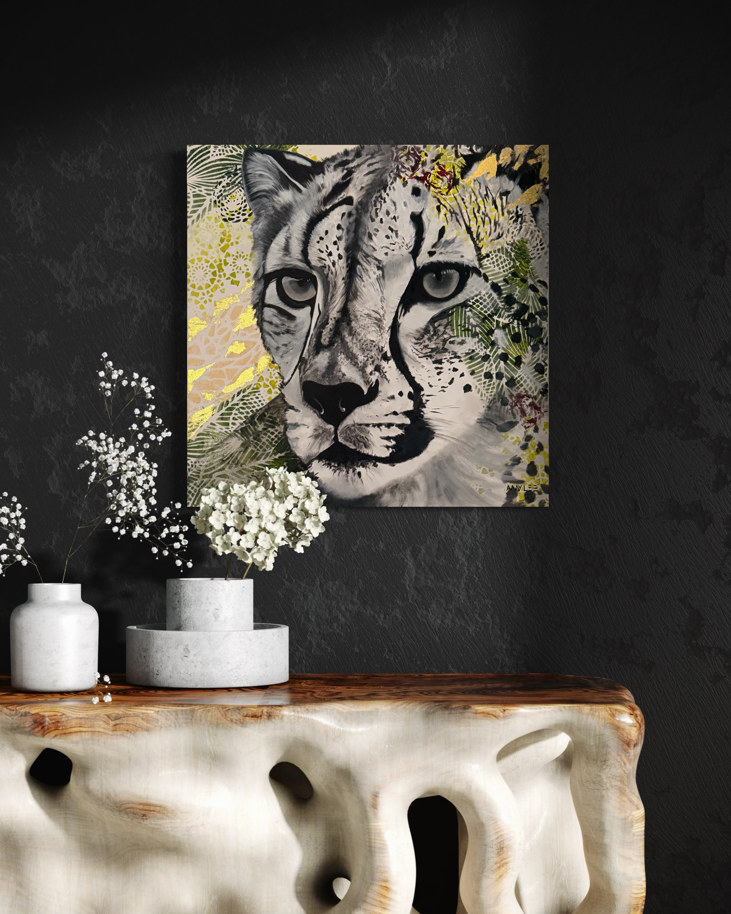 Original cheetah painting 24x24 black and white with gold accents modern animal wall art