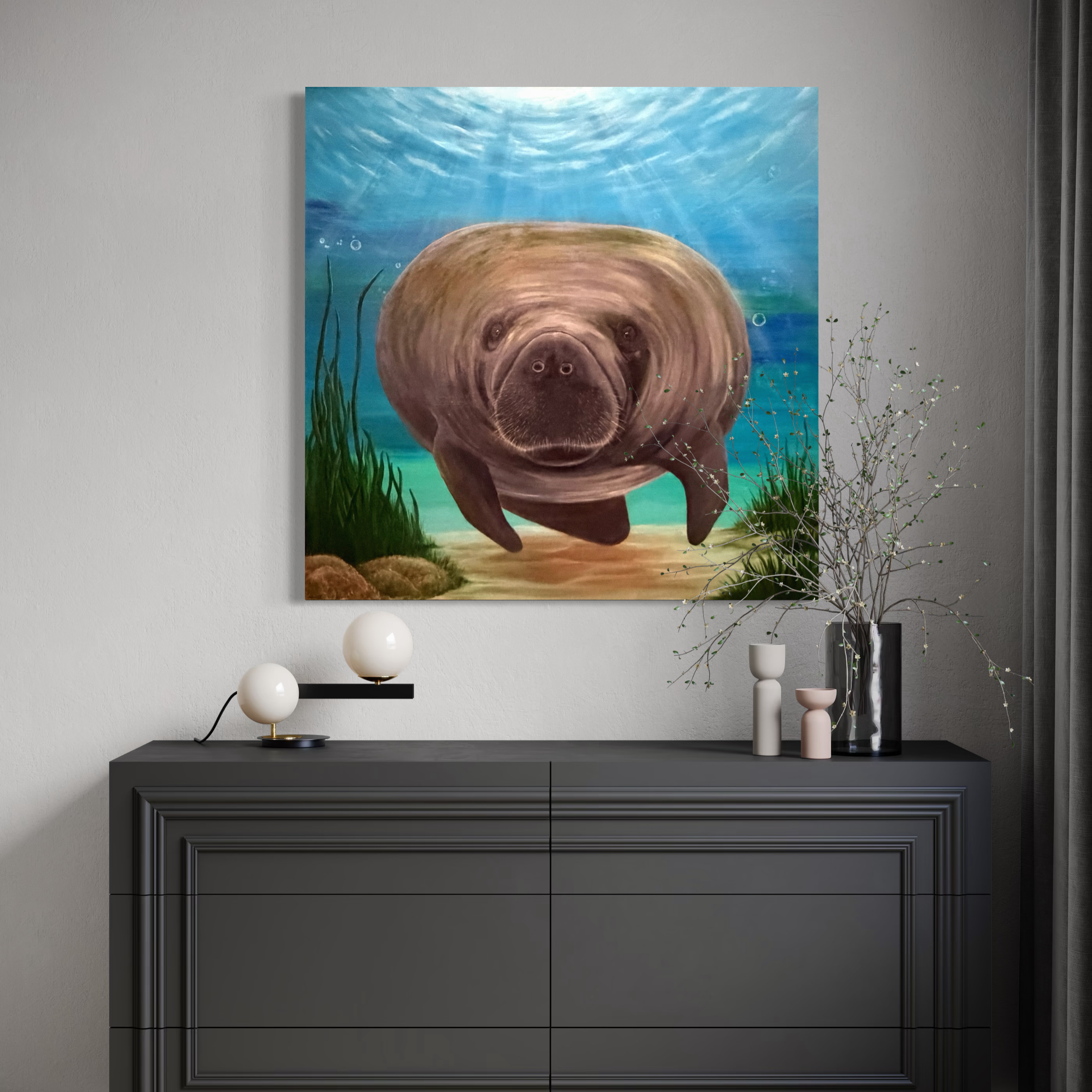Original manatee painting 36x36 with blue ocean background coastal wall art serene marine life artwork