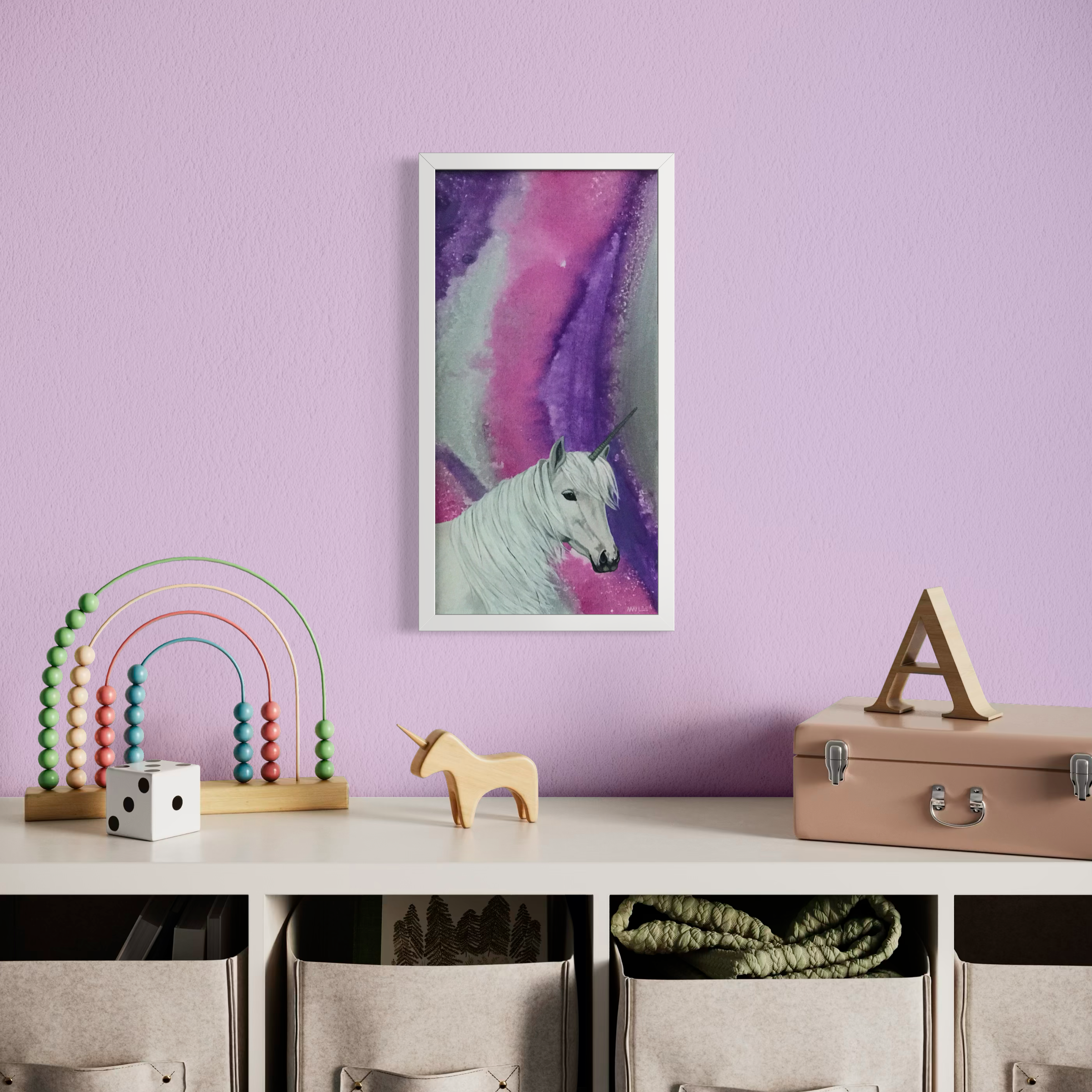 Original unicorn painting framed 10x20 with pink purple and teal dreamy background nursery wall art