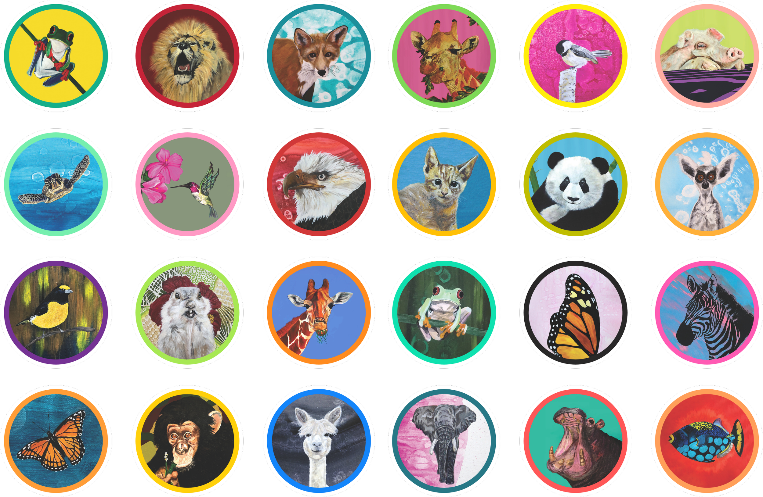 Colorful collection of illustrated animal icons in circular frames, including frogs, lions, foxes, giraffes, pandas, tigers, butterflies, an elephant, a hippopotamus, a chimpanzee, and fish.