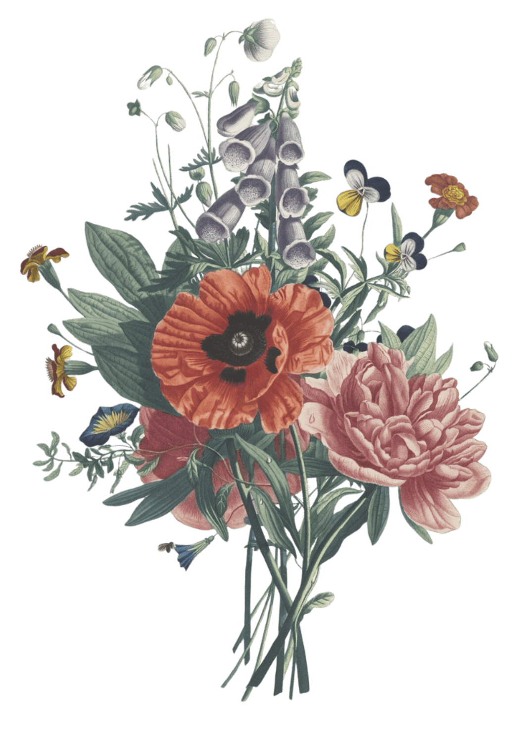 A bouquet of mixed flowers including a large orange poppy, pink peony, purple foxglove, and smaller yellow and blue flowers with green leaves.