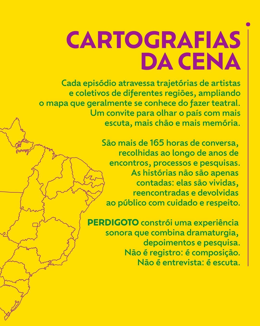 Mapa do Brasil ao lado de texto explicativo sobre episódios de artistas e coletivos, destacando a experiência sonora de Perdigoto, com fundo amarelo e texto em verde e roxo.