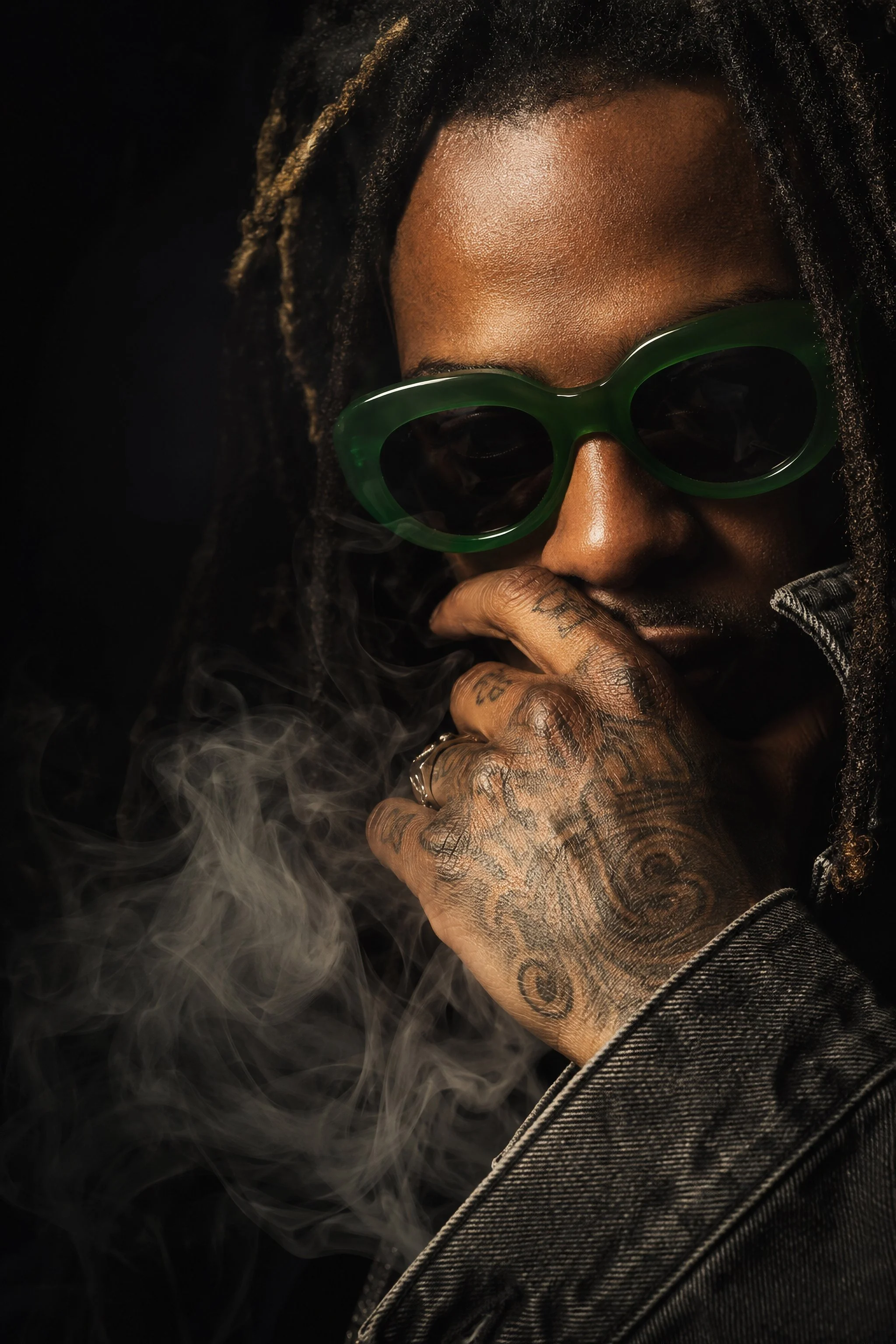 Close-up of a person with dreadlocks wearing large green sunglasses and a dark denim jacket, with smoke surrounding them.