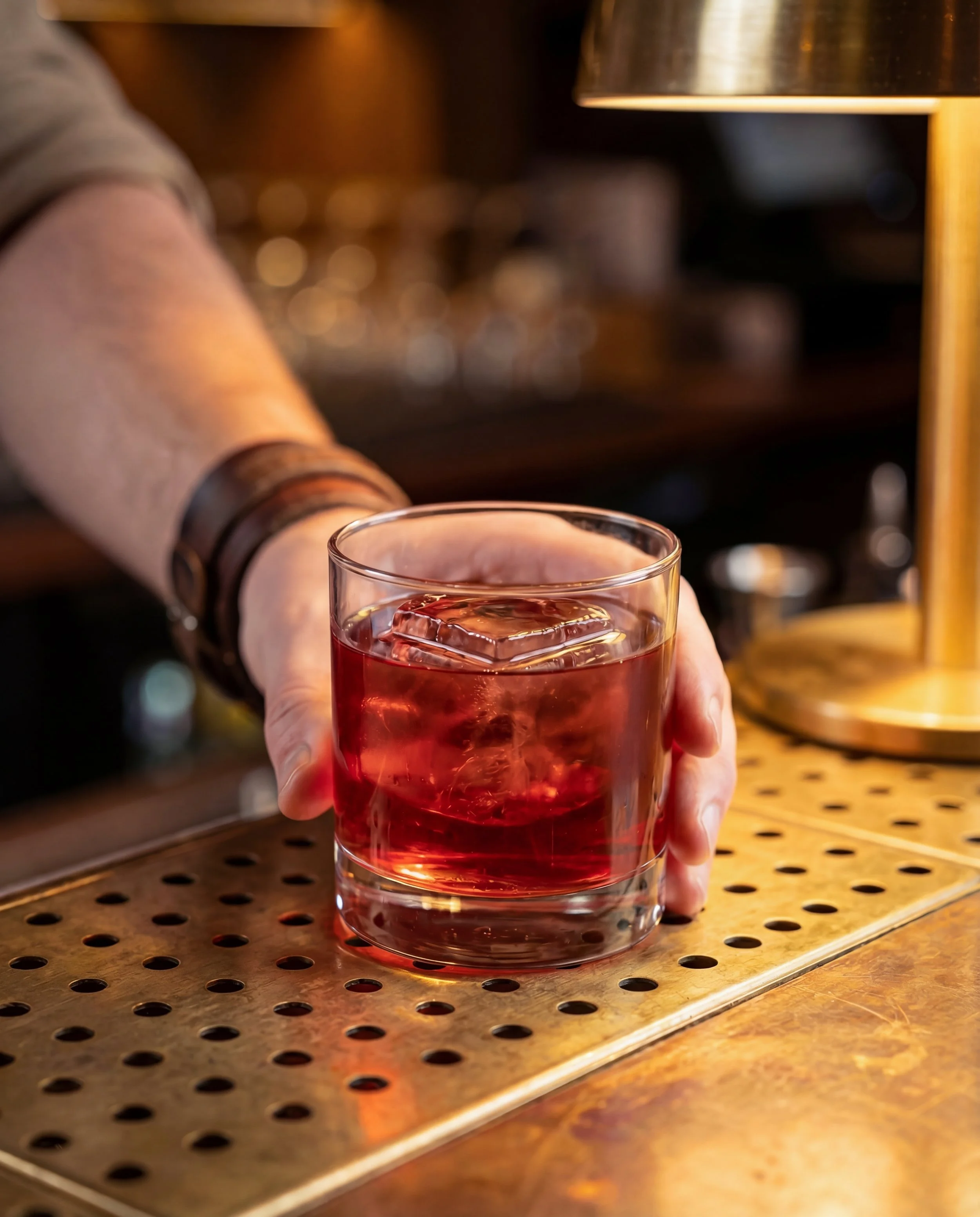 Person holding a glass of red cocktail with ice cubes, on a bar counter with a metal surface, in a dimly lit bar setting.