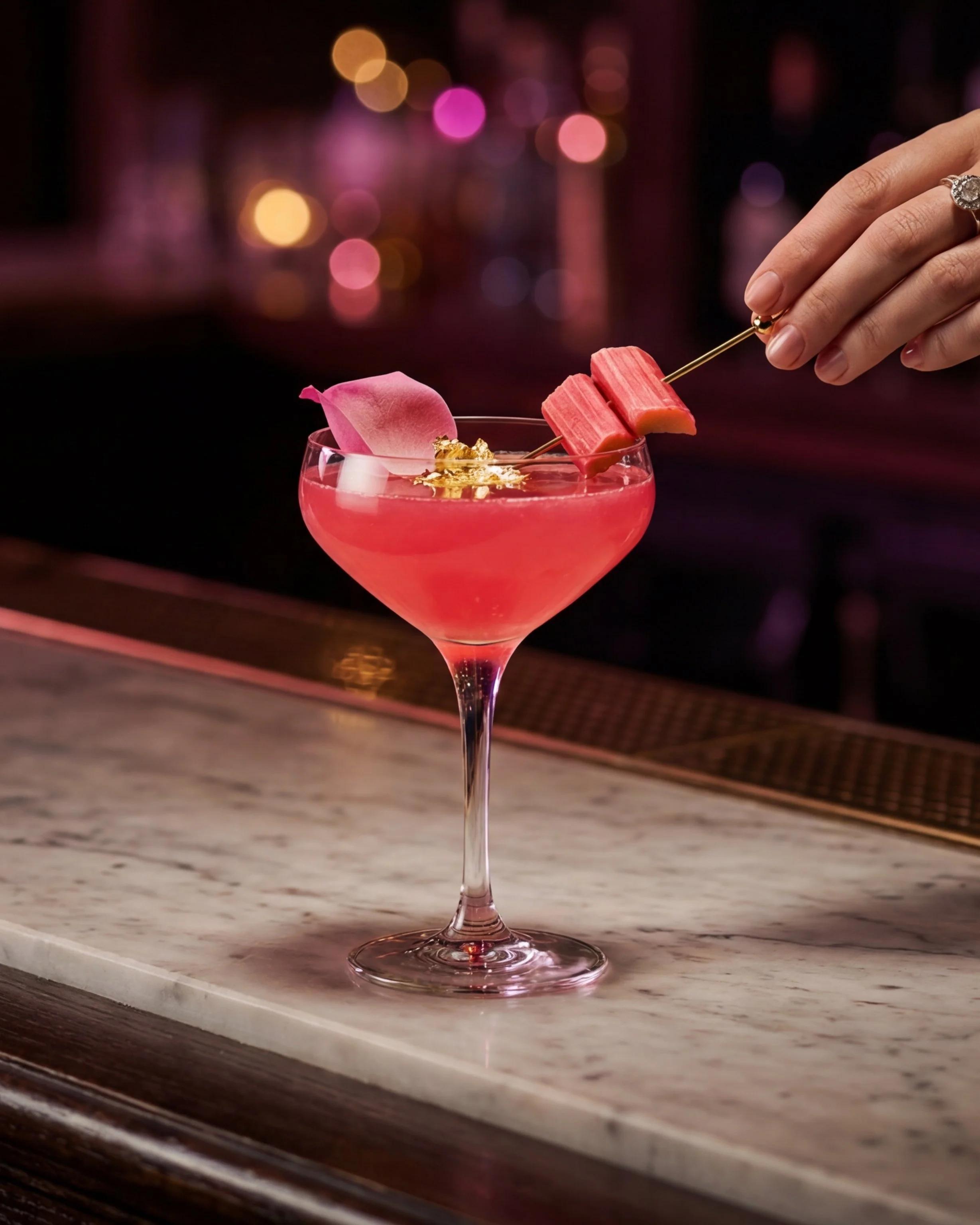 A pink cocktail garnished with a pink flower petal and an edible flower, served on a marble bar counter, with a hand placing a cherry garnish on it.