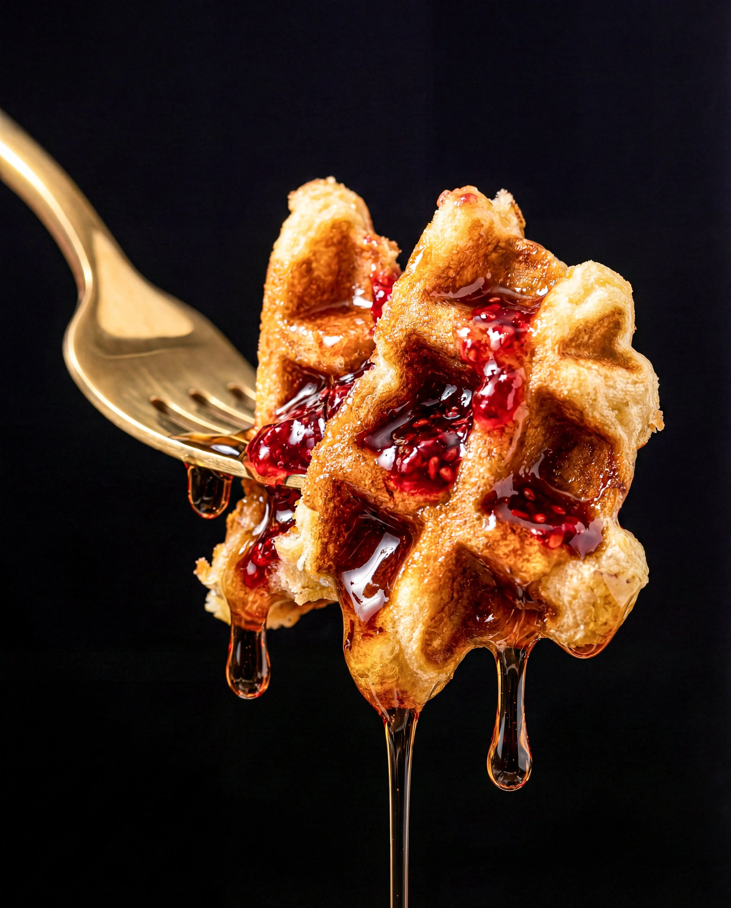 Close-up of a golden waffle with berry syrup and fresh berries, held by a gold fork against a black background.