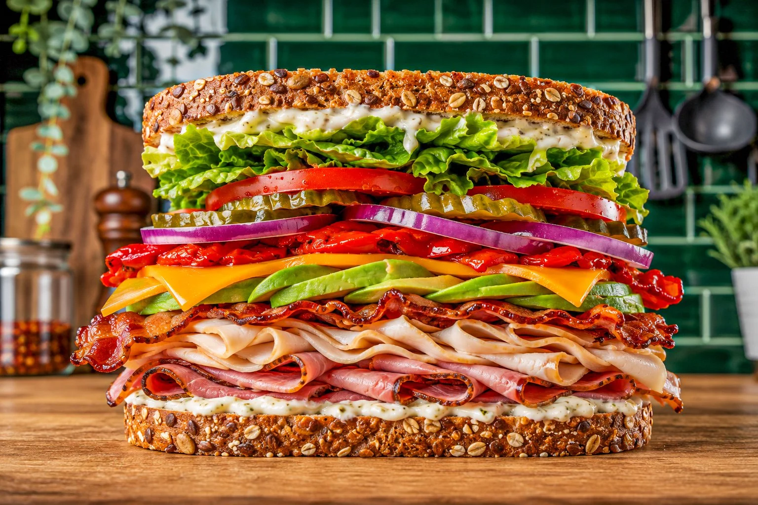 A large sandwich with multigrain bread, layers of deli meats, cheese, avocado, red onion, tomatoes, pickles, lettuce, and mayonnaise.