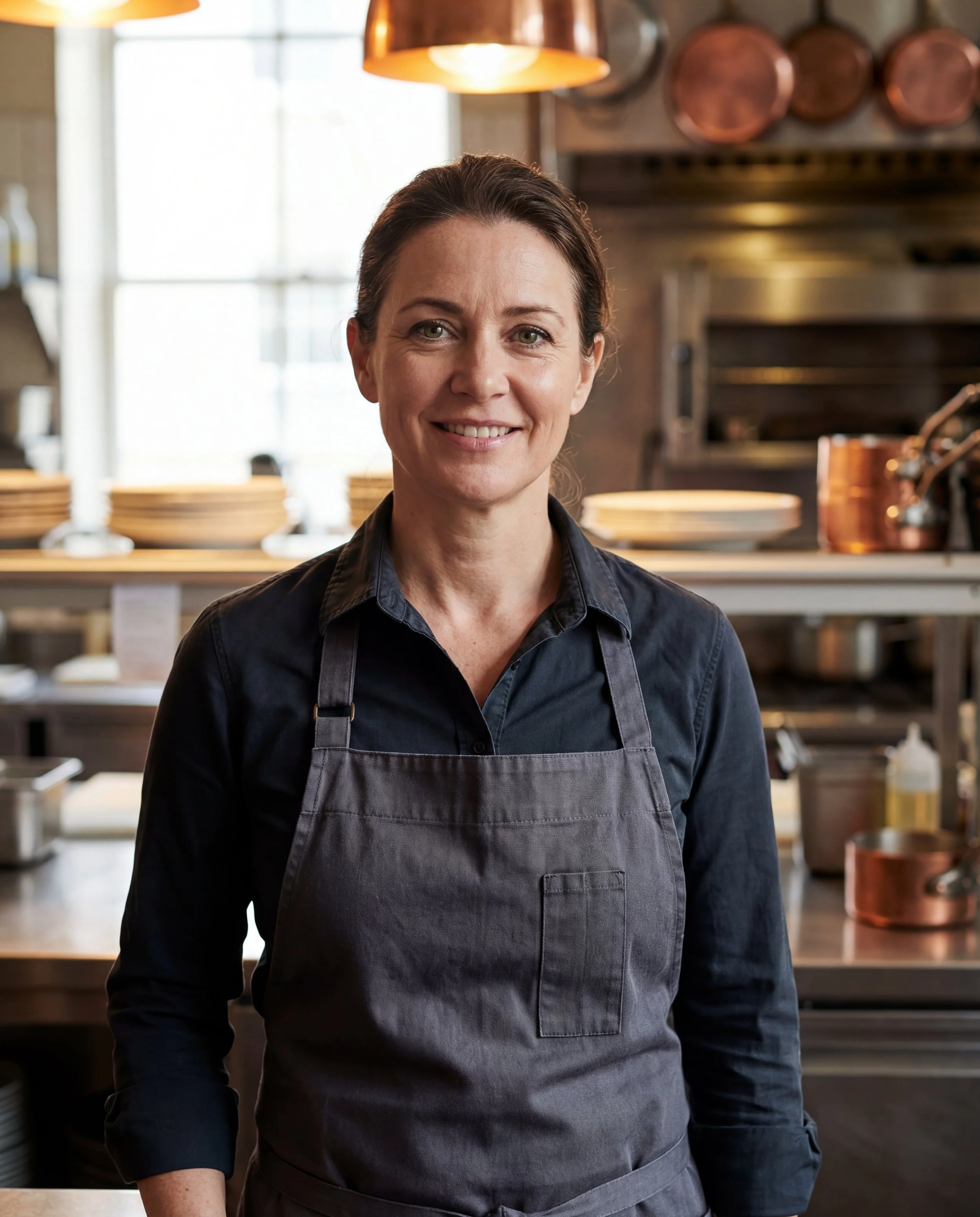 A smiling woman wearing a dark blue shirt and a grey apron standing in a professional kitchen with copper pots and dishes on shelves in the background.