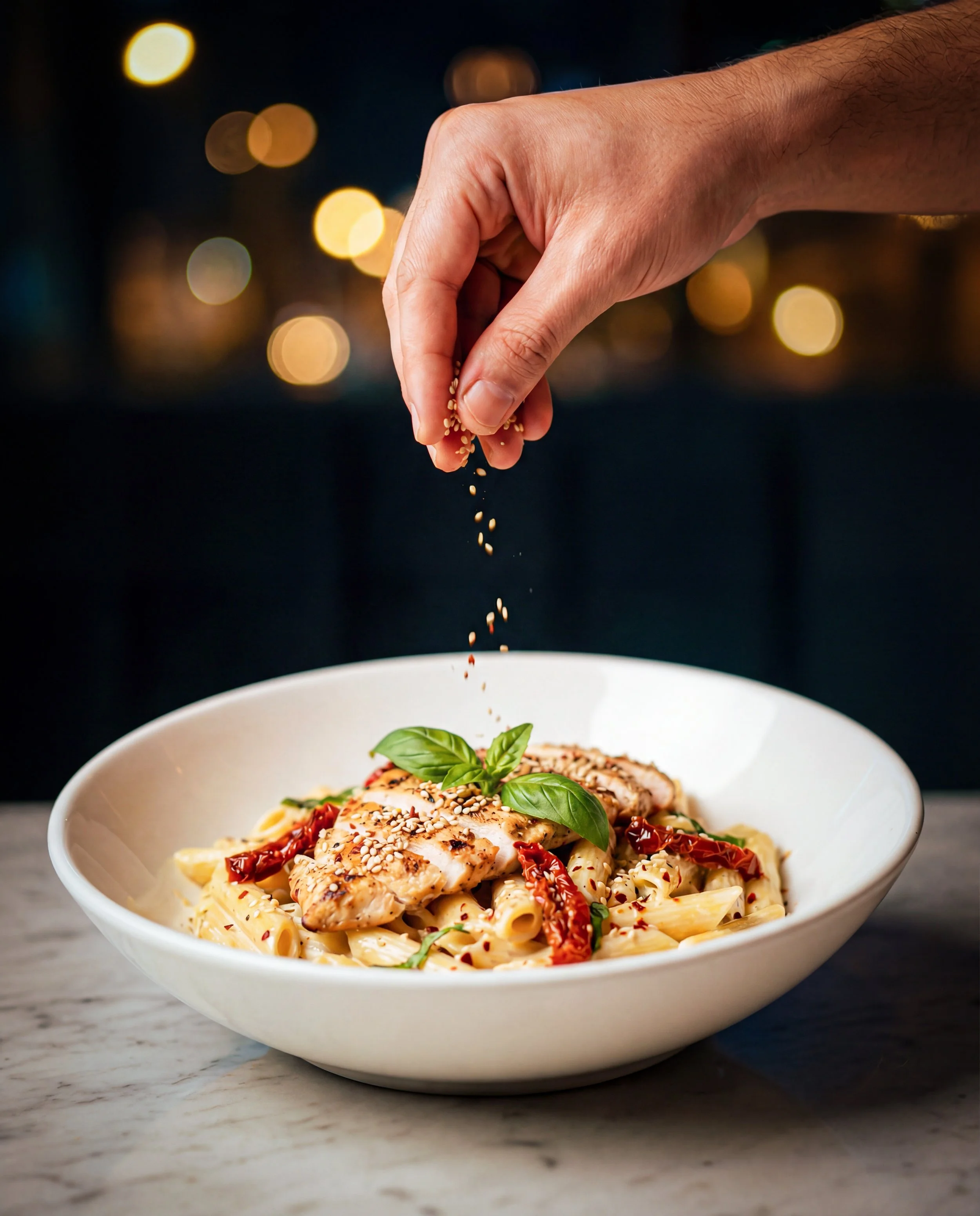 Person sprinkling seasoning or spice onto a bowl of pasta with chicken and sun-dried tomatoes, garnished with basil leaves.