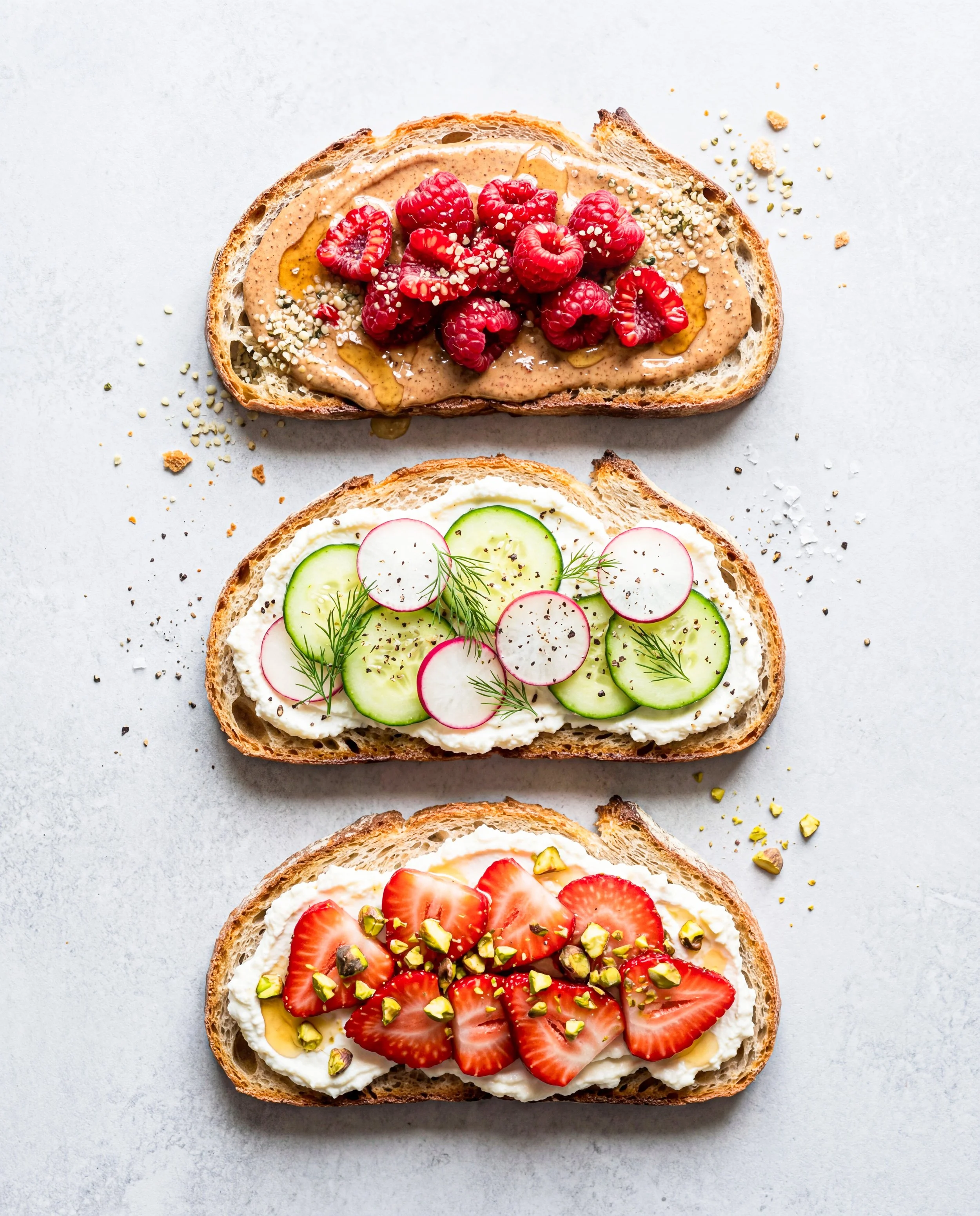 Three slices of bread with various toppings: the top with peanut butter, raspberries, and honey; the middle with cream cheese, sliced cucumber, radish, and dill; the bottom with cream cheese, sliced strawberries, and chopped pistachios.