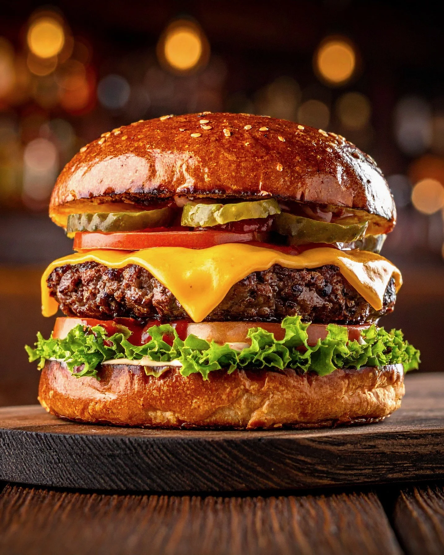 Close-up of a cheeseburger with a toasted bun, lettuce, tomato, pickles, cheddar cheese, a beef patty, and a top bun, on a wooden surface with blurred background.