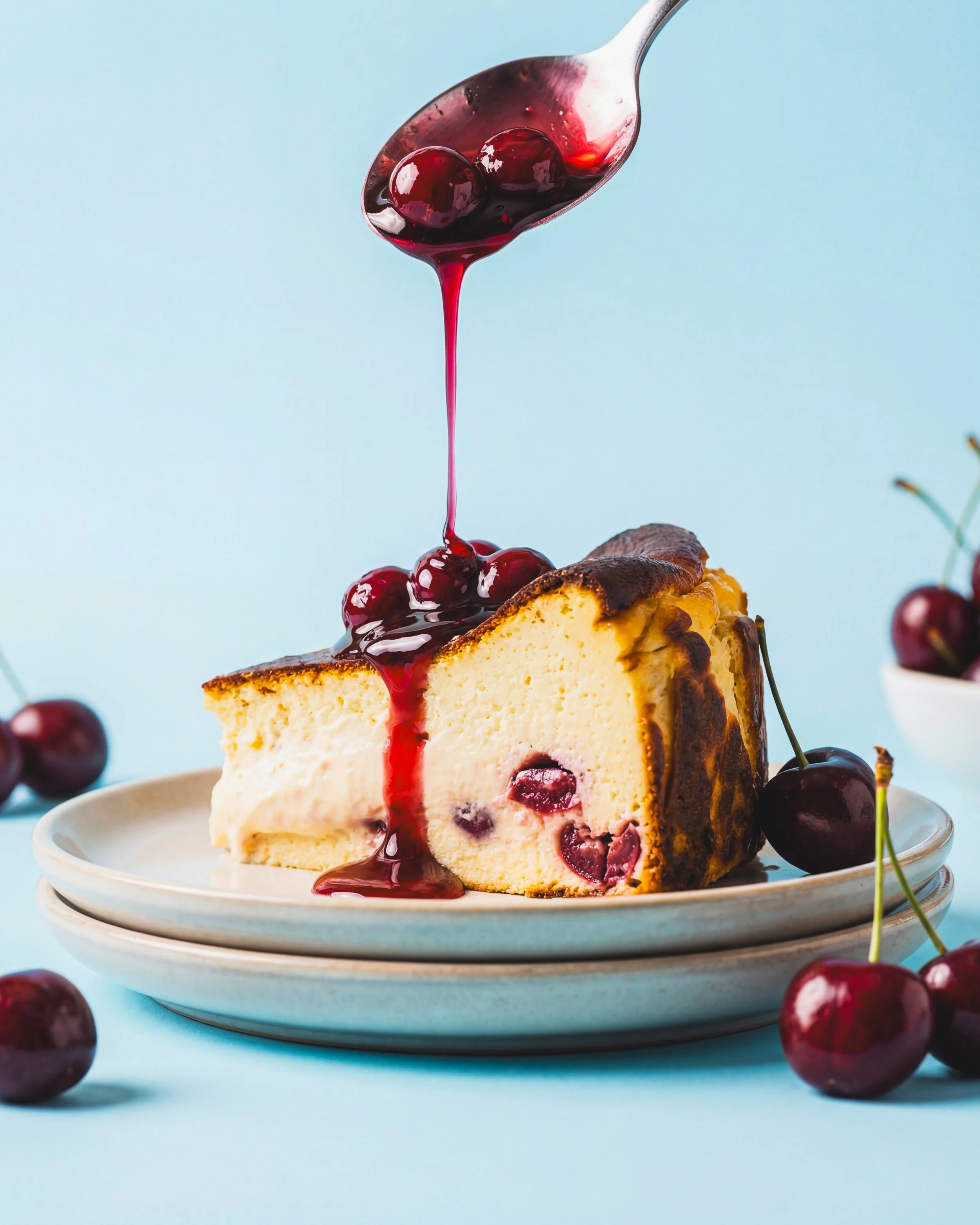 A slice of cherry cheesecake with cherry syrup being poured on top, surrounded by fresh cherries on a light blue background.