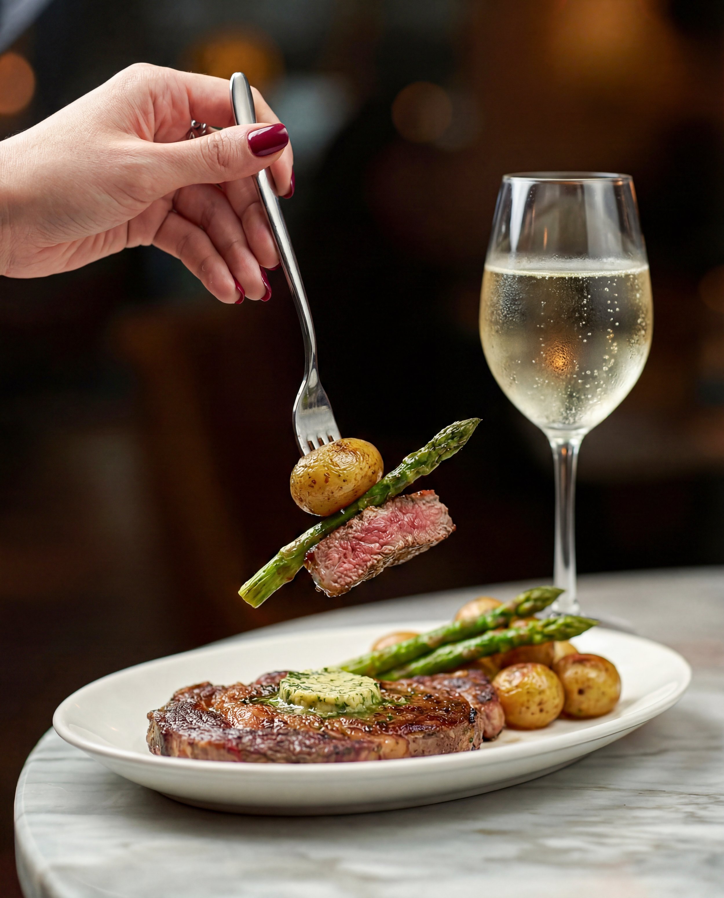 A hand with red painted nails holds a fork with a potato, asparagus, and a piece of steak over a plate of cooked meat, asparagus, and potatoes, with a butter pat on top, on a white marble table. A glass of sparkling wine is in the background.