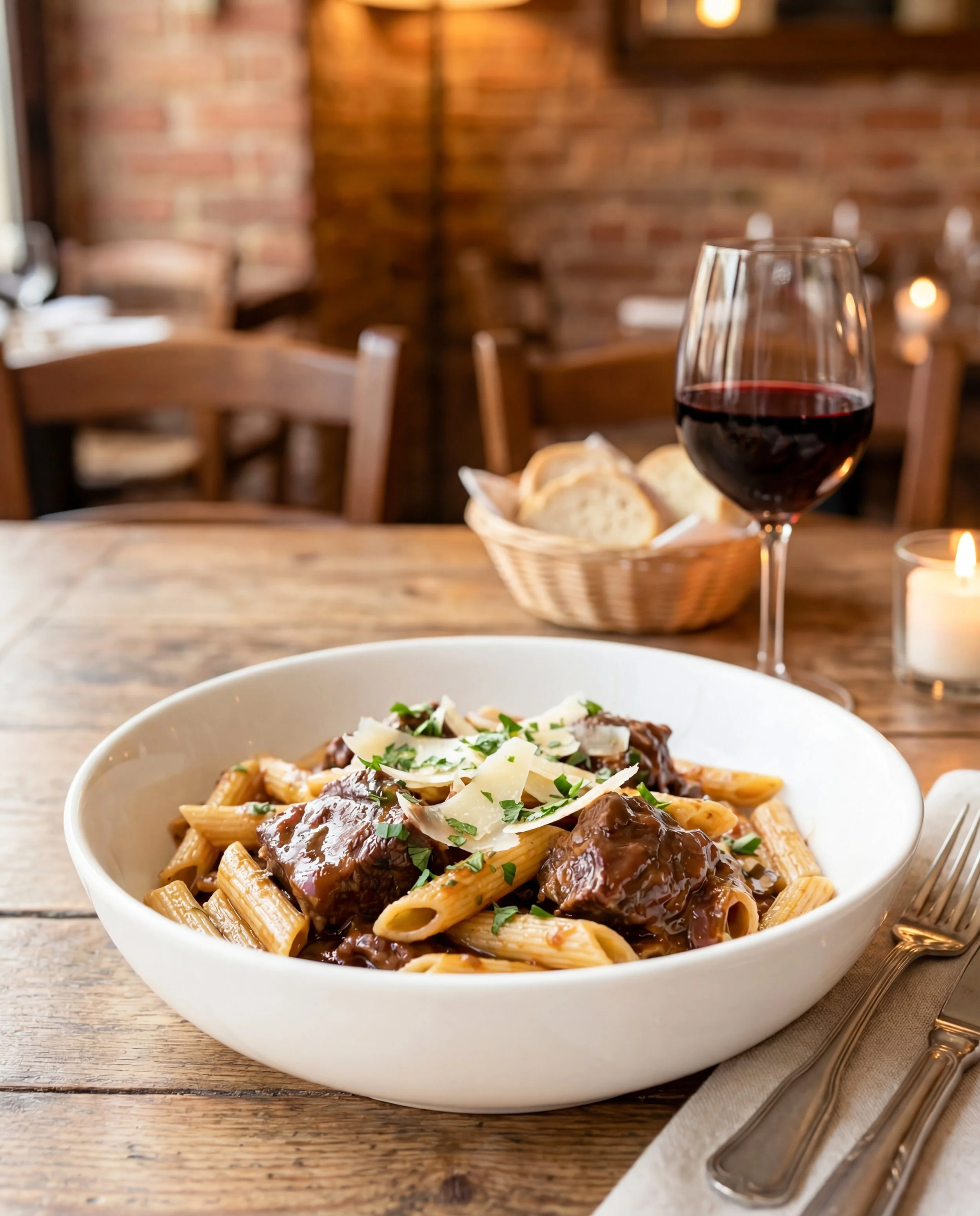A bowl of pasta with beef and sauce, garnished with shaved cheese and herbs, on a wooden table with a glass of red wine, bread basket, and lit candle in the background.