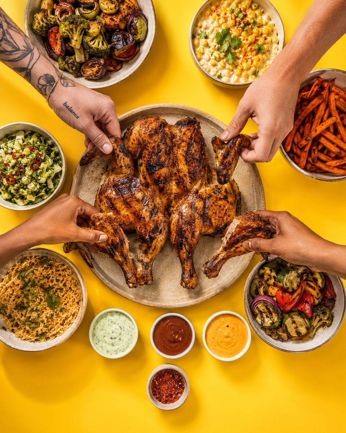 A grilled chicken platter surrounded by bowls of roasted vegetables, pasta, salad, corn pudding, sweet potato fries, dipping sauces, and a small bowl of chili flakes on a yellow table.