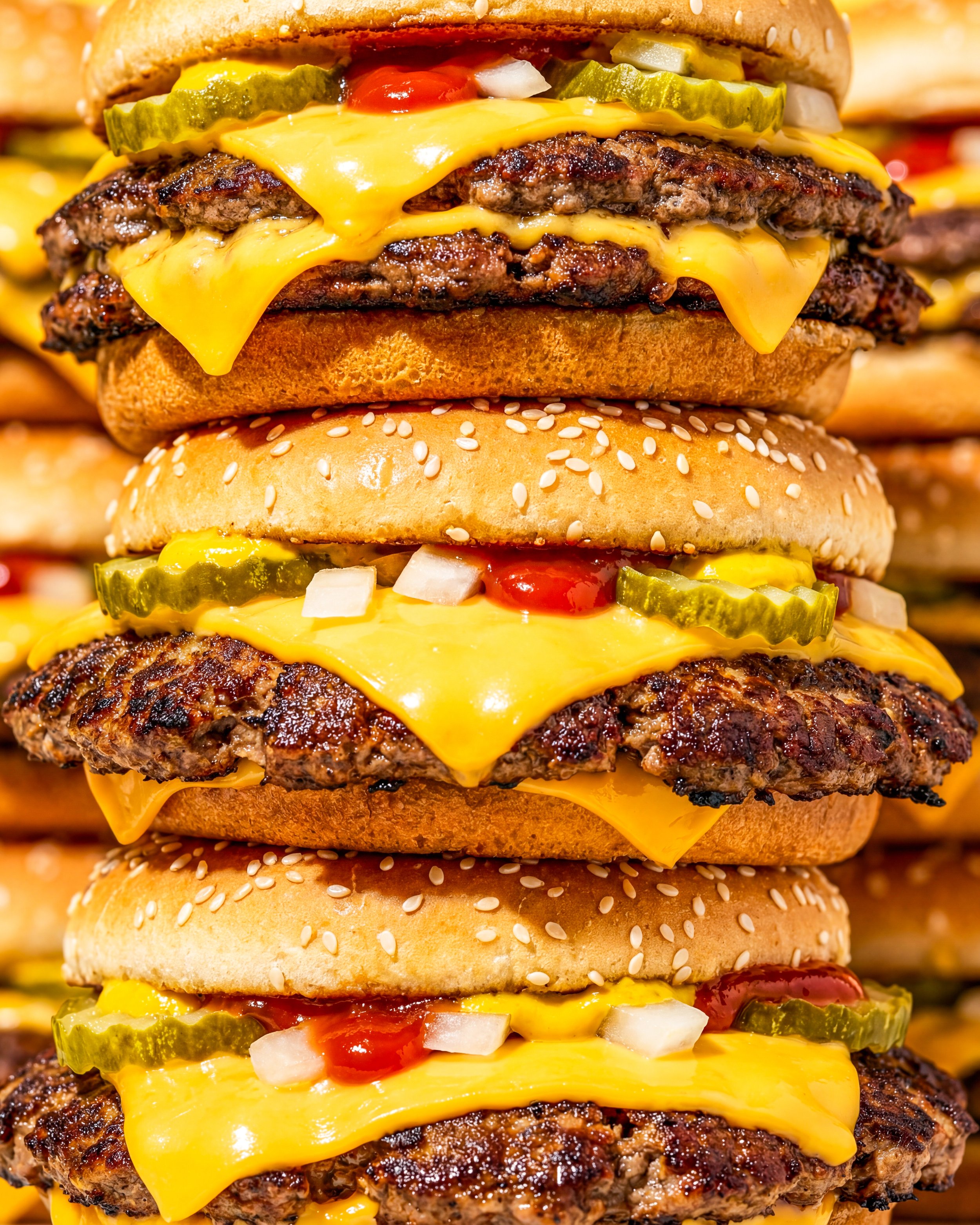Stack of three cheeseburgers with pickles, onions, ketchup, and cheddar cheese in sesame seed buns and hamburger patties.
