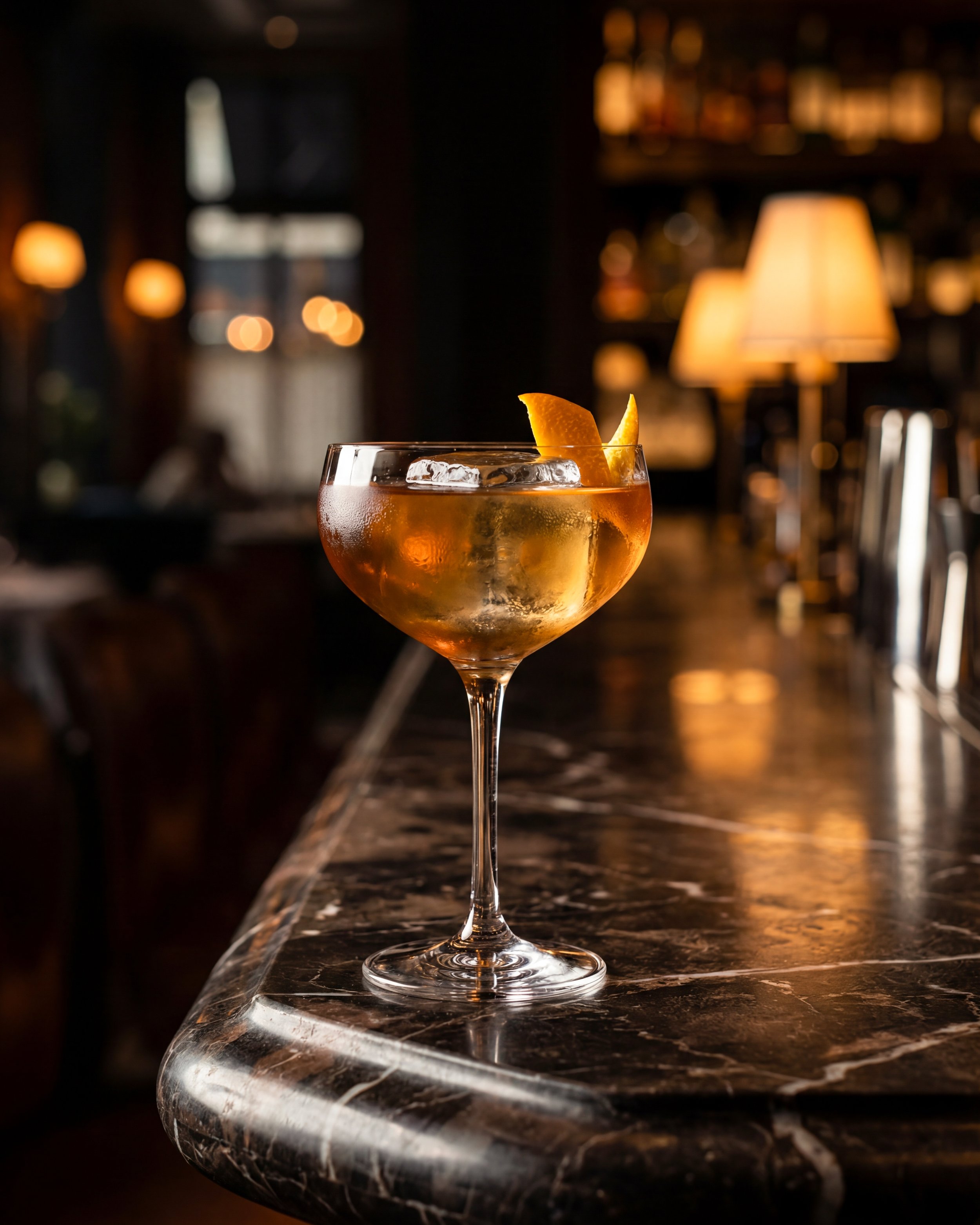 A cocktail in a coupe glass with an orange garnish on a marble bar counter in a dimly lit bar or restaurant setting.
