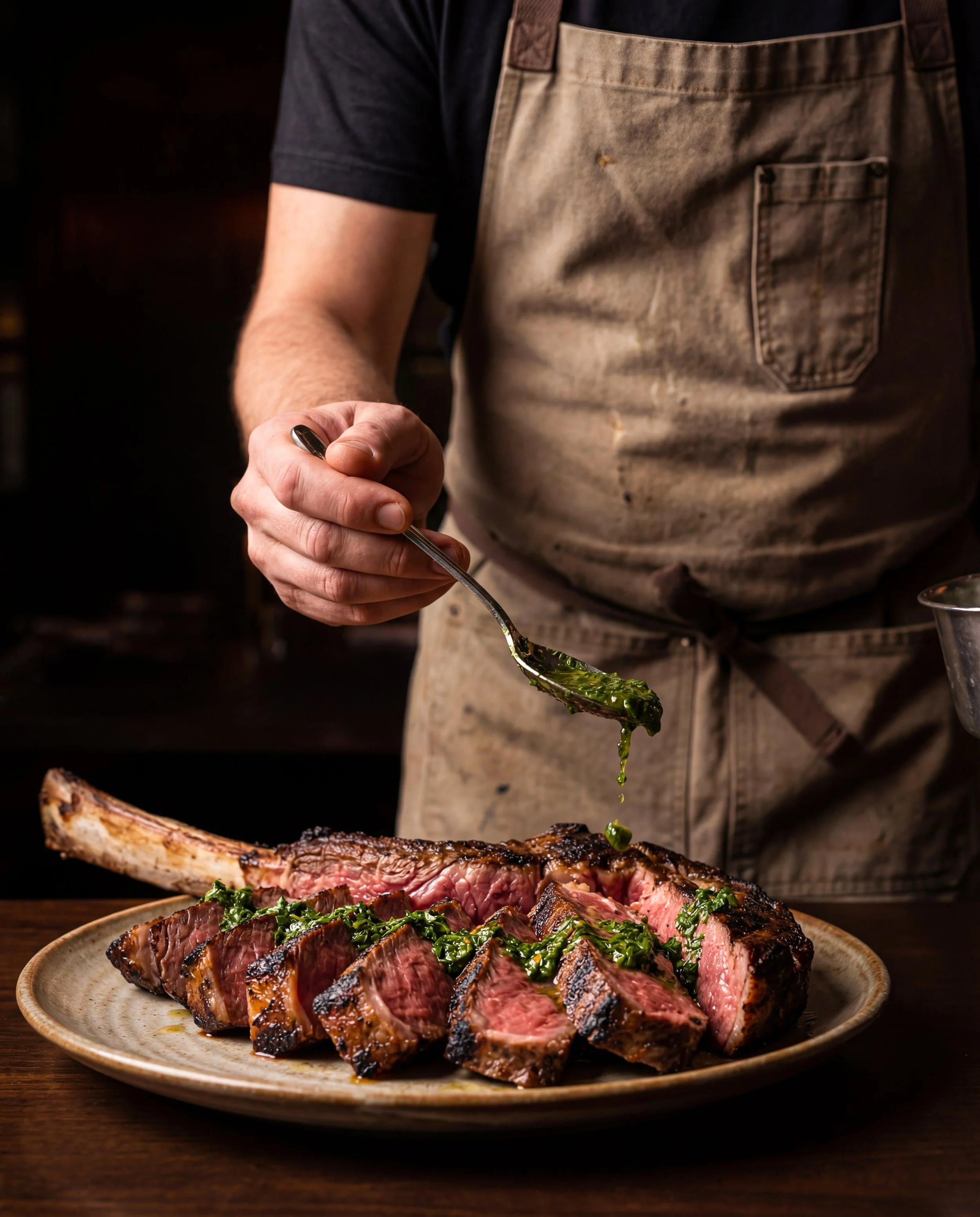 A person wearing an apron is pouring green sauce over a cooked, sliced steak on a plate.