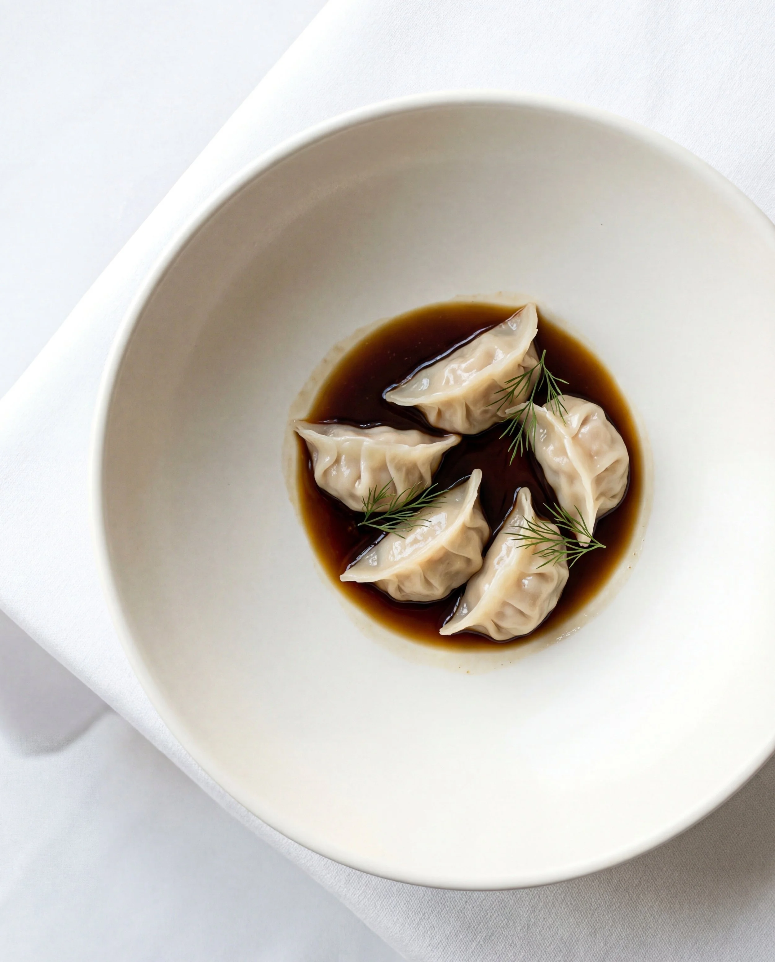 White bowl with six dumplings in soy sauce, garnished with dill sprigs