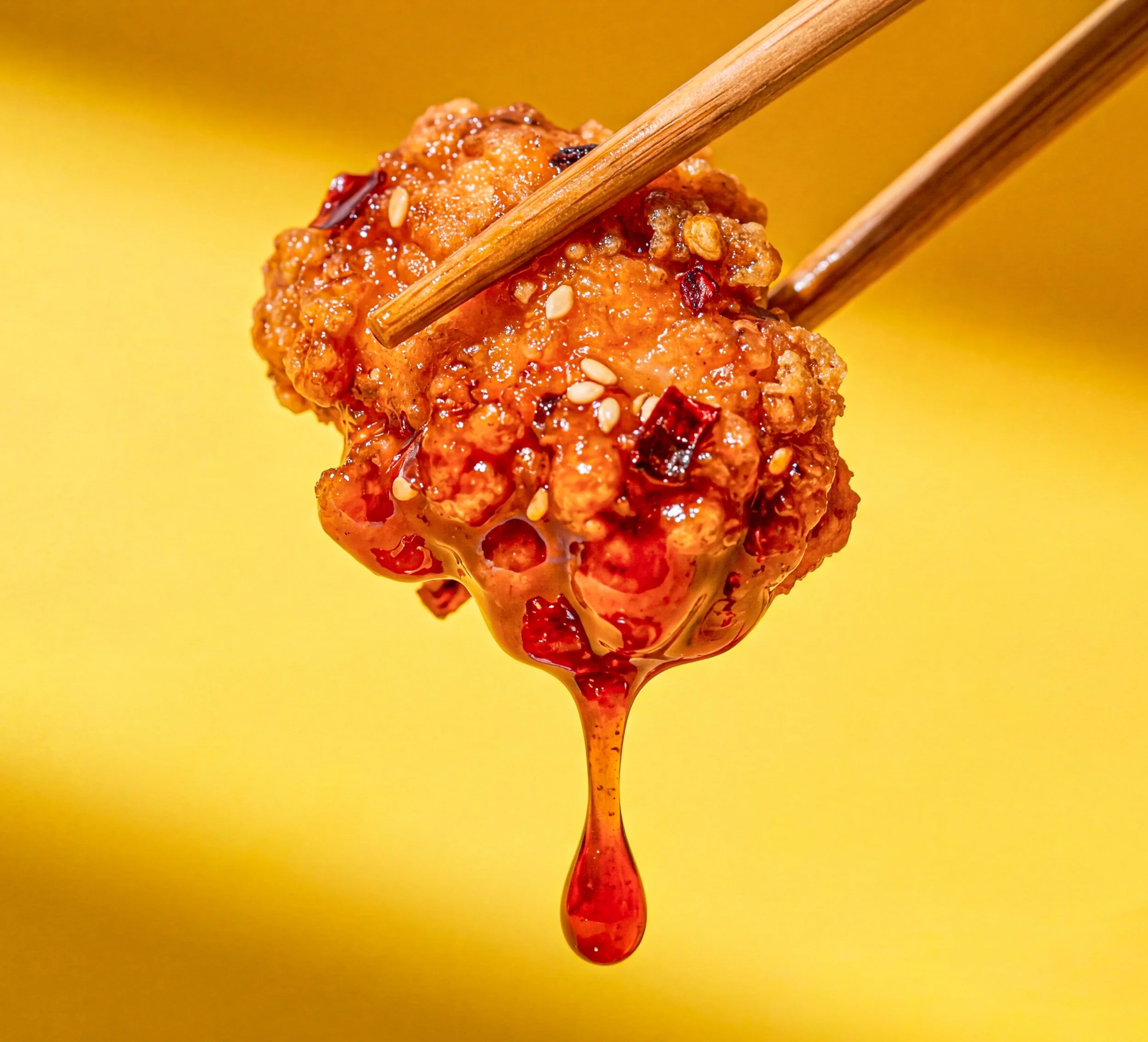 Close-up of a fried chicken piece coated in a glossy, red sauce with sesame seeds, held by wooden chopsticks against a yellow background.