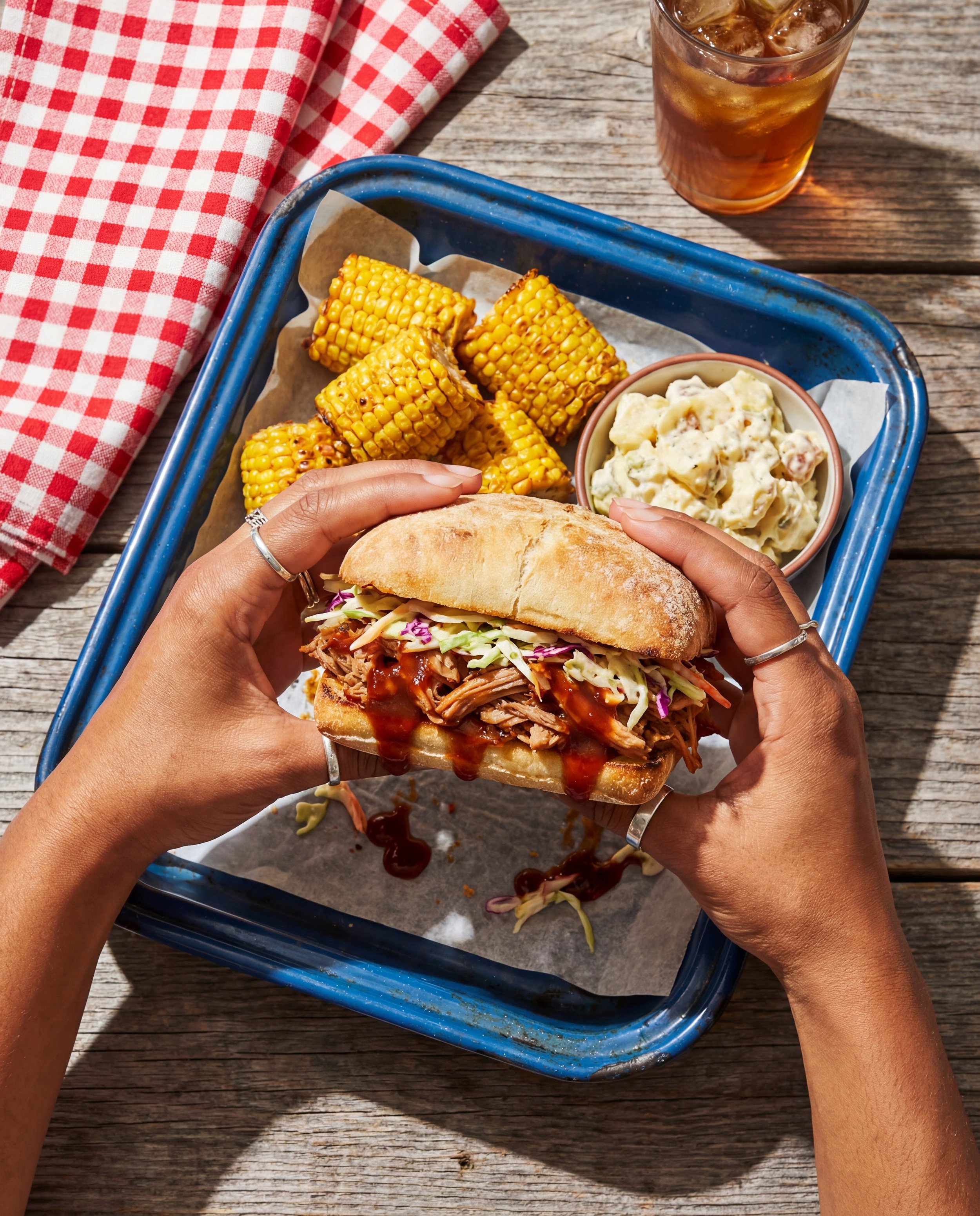 A person holding a pulled pork sandwich with coleslaw on a toasted bun, served on a blue tray with grilled corn and potato salad, a glass of iced tea, on a wooden table with a red checkered napkin.