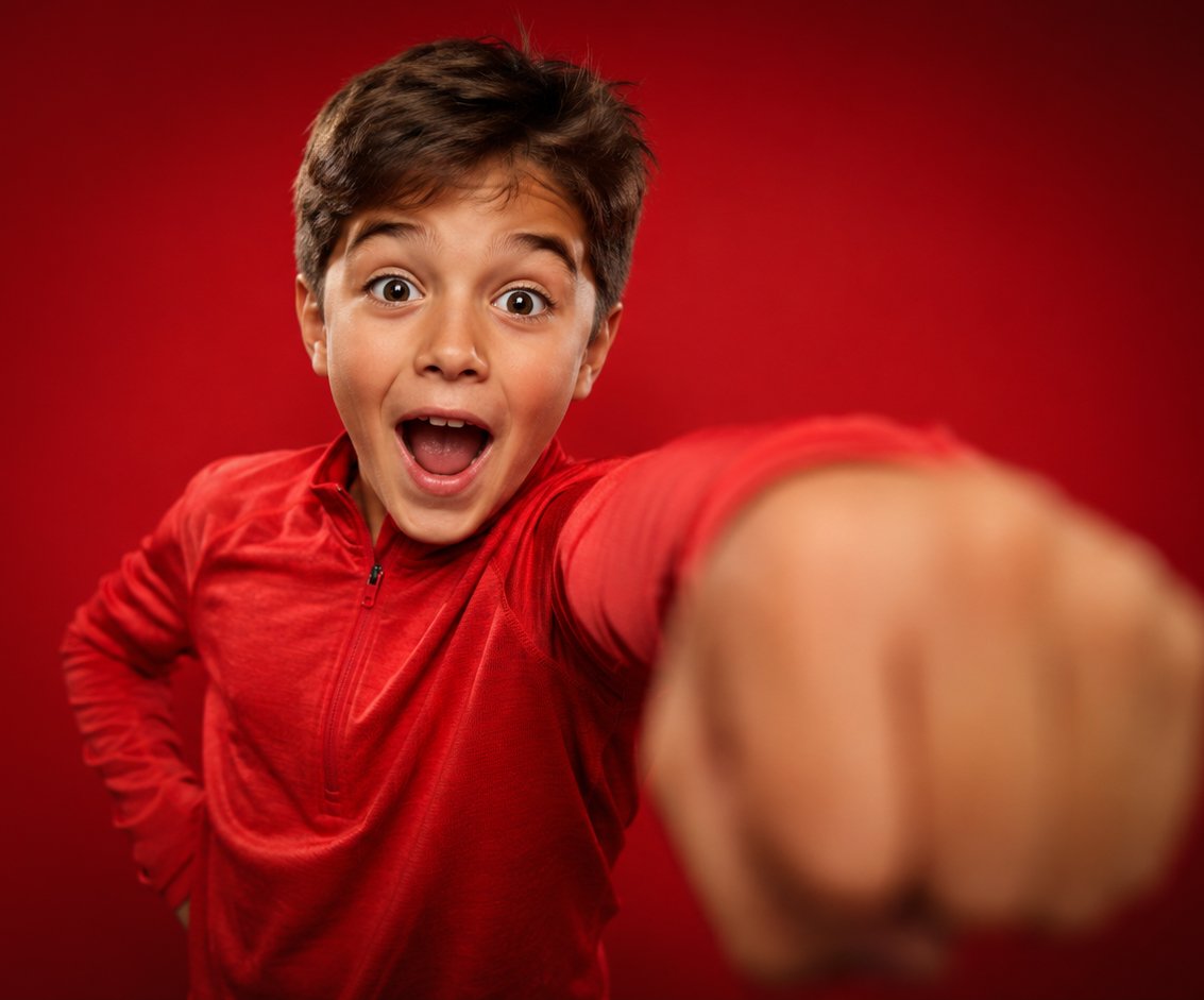 A boy wearing a red jacket, with an excited facial expression, reaching out with his arm extended toward the camera, against a red background.