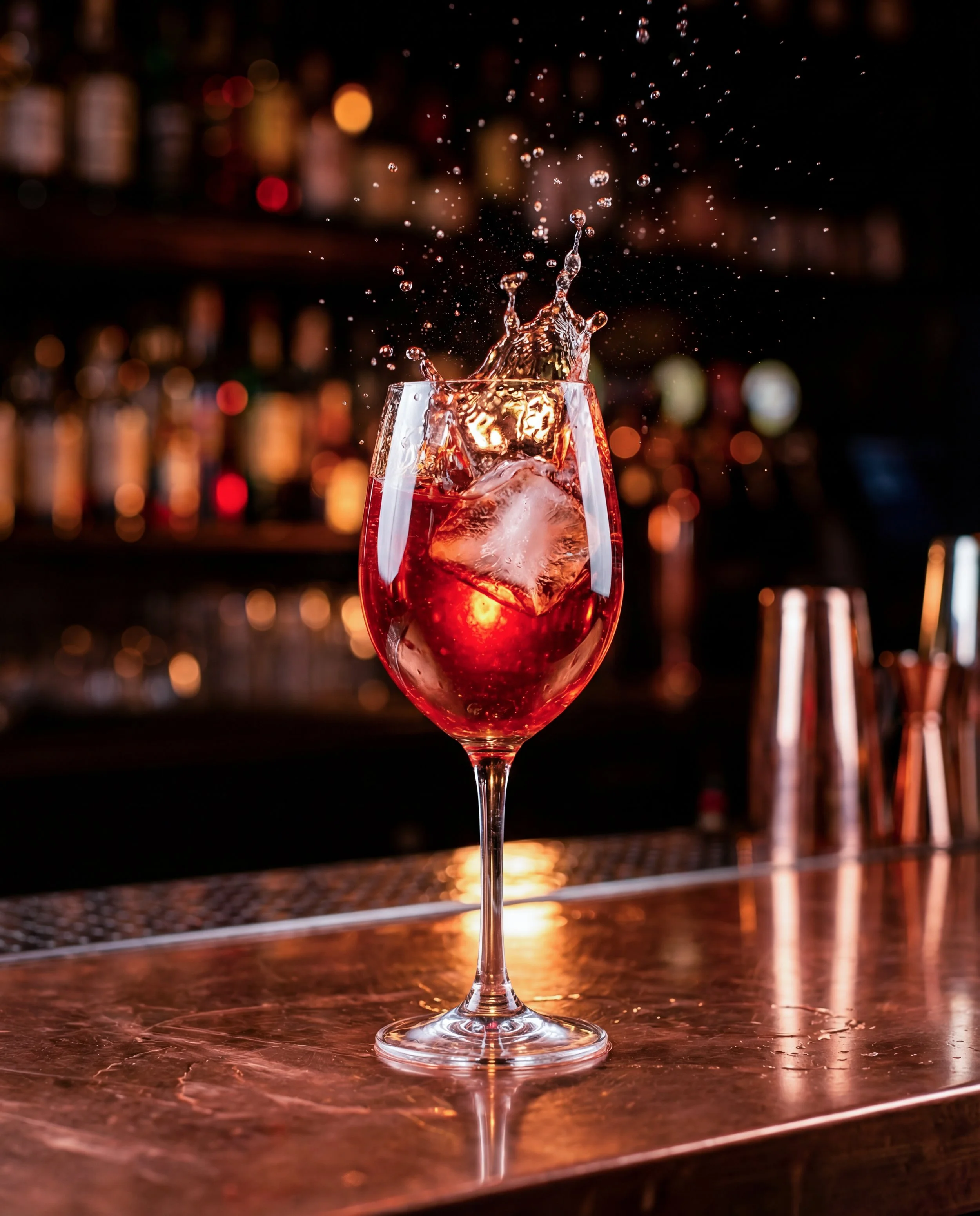 A glass of red cocktail with ice cube splashing as a cube is dropped into the drink, set on a bar counter with a blurred bar background.