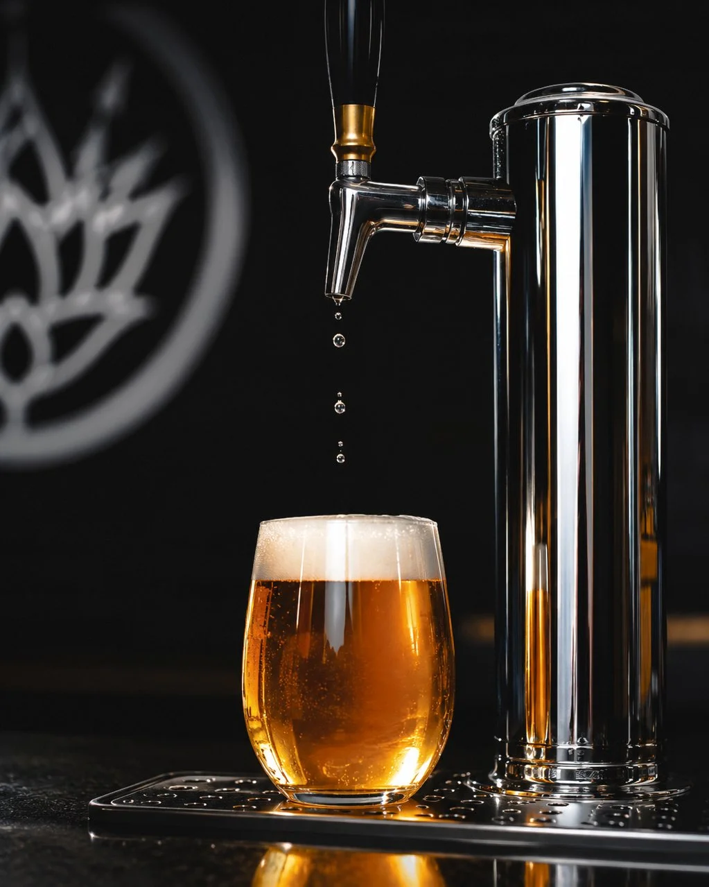 A glass of beer with foam at the top being filled from a tap connected to a shiny, metallic dispenser.