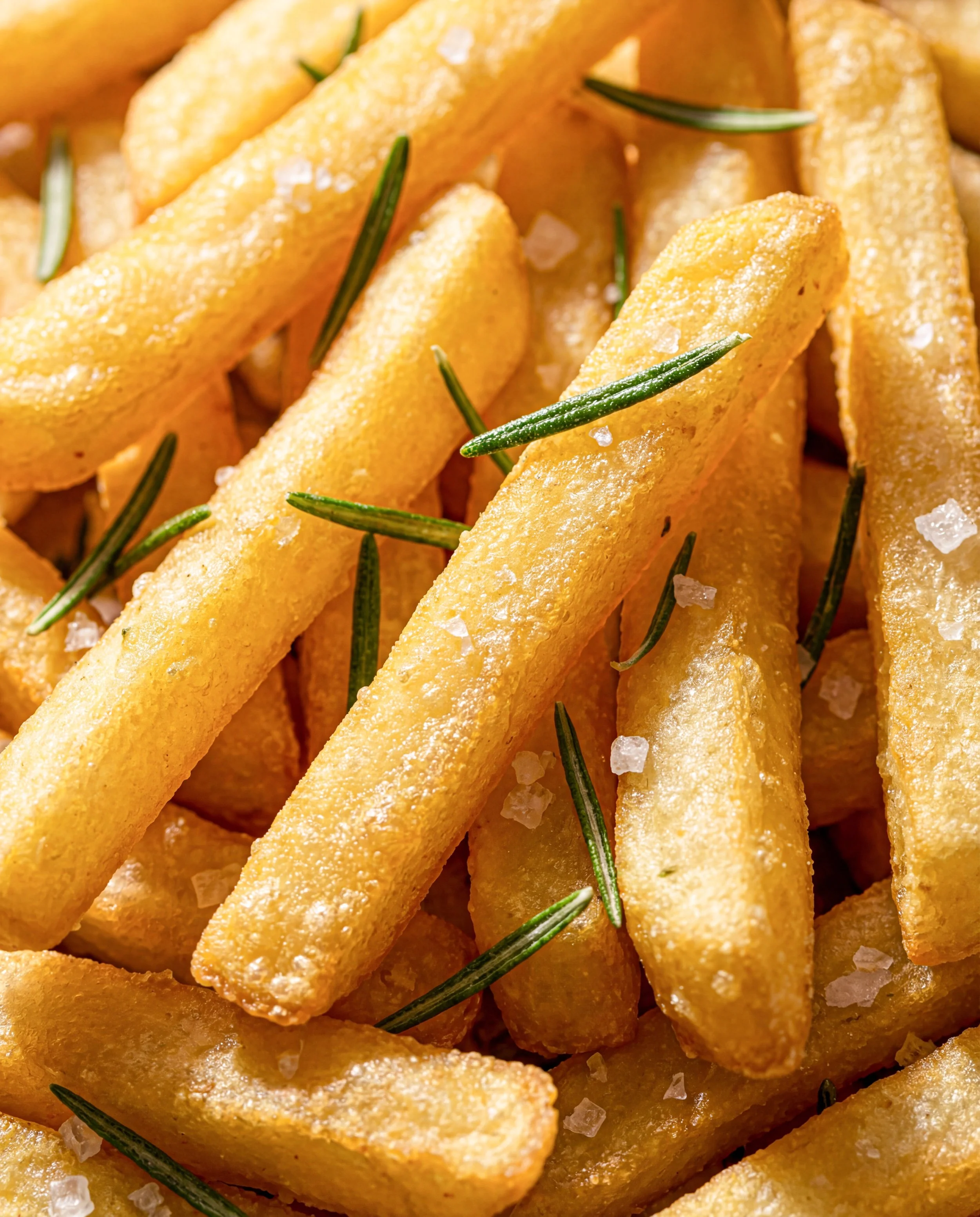 Close-up of crispy French fries sprinkled with coarse sea salt and garnished with sprigs of fresh rosemary.