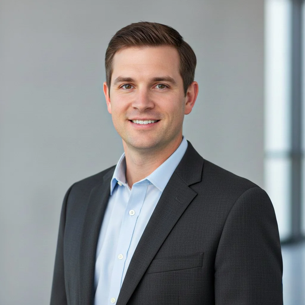 Professional portrait of a smiling man in a dark suit and light blue dress shirt, standing in a modern office setting.