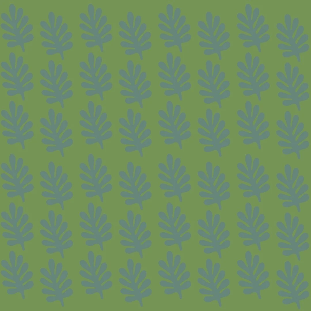 Repeating pattern of green and blue leaves on a green background.